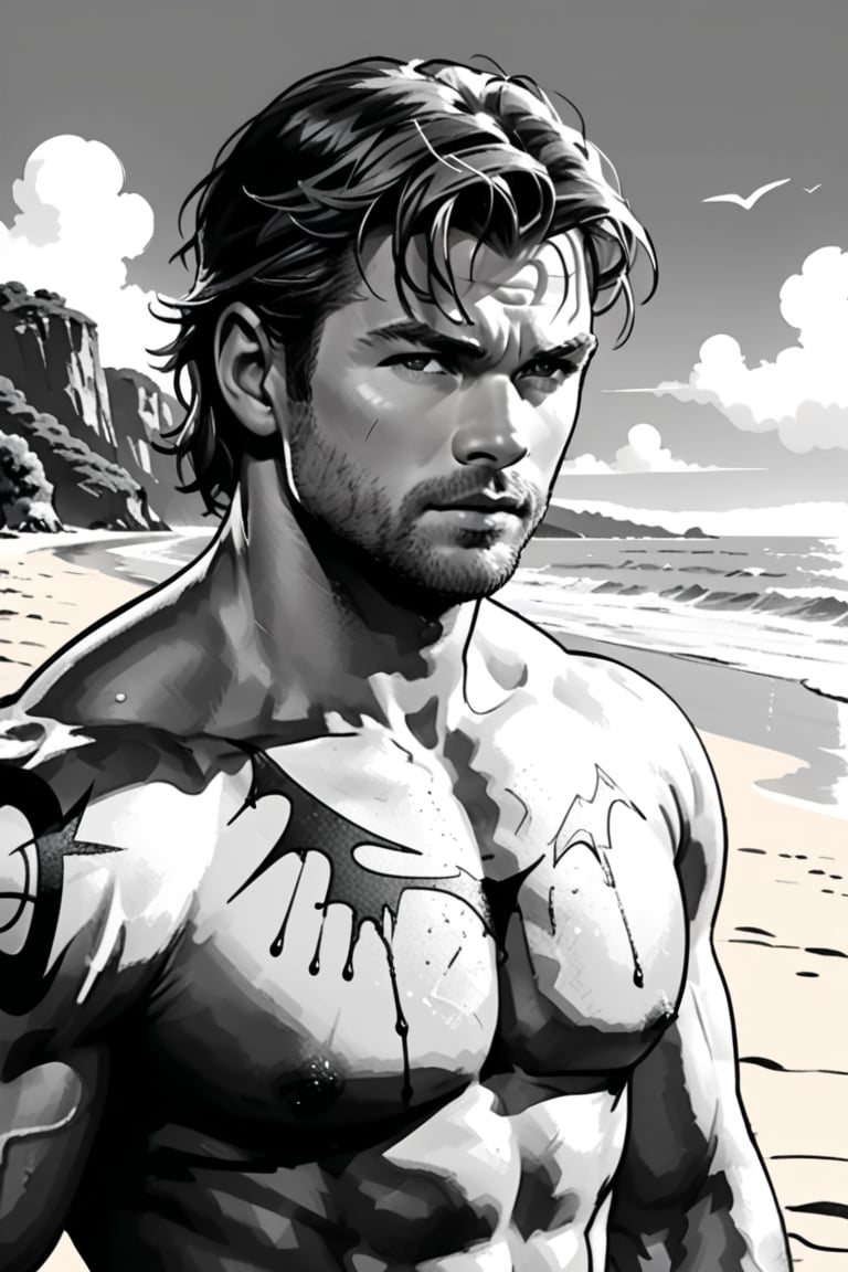 , (((ink drawing))), (((monochrome))),(((cartoon style))), high quality, 4k,masterpiece, (((in the style of alex raymond drawing ))),(((drawing comics style))),
(((high contrast))), (((line drawing))),one man on a beach, the man look like chris hemsworth,