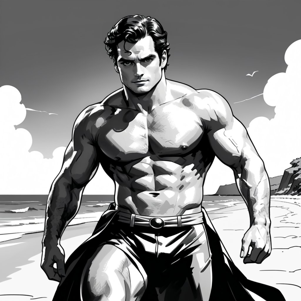 , (((ink drawing))), (((monochrome))),(((cartoon style))), high quality, 4k,masterpiece, (((in the style of alex raymond drawing ))),(((drawing comics style))),
(((high contrast))), (((line drawing))),one man on a beach, the man look like henry cavill,