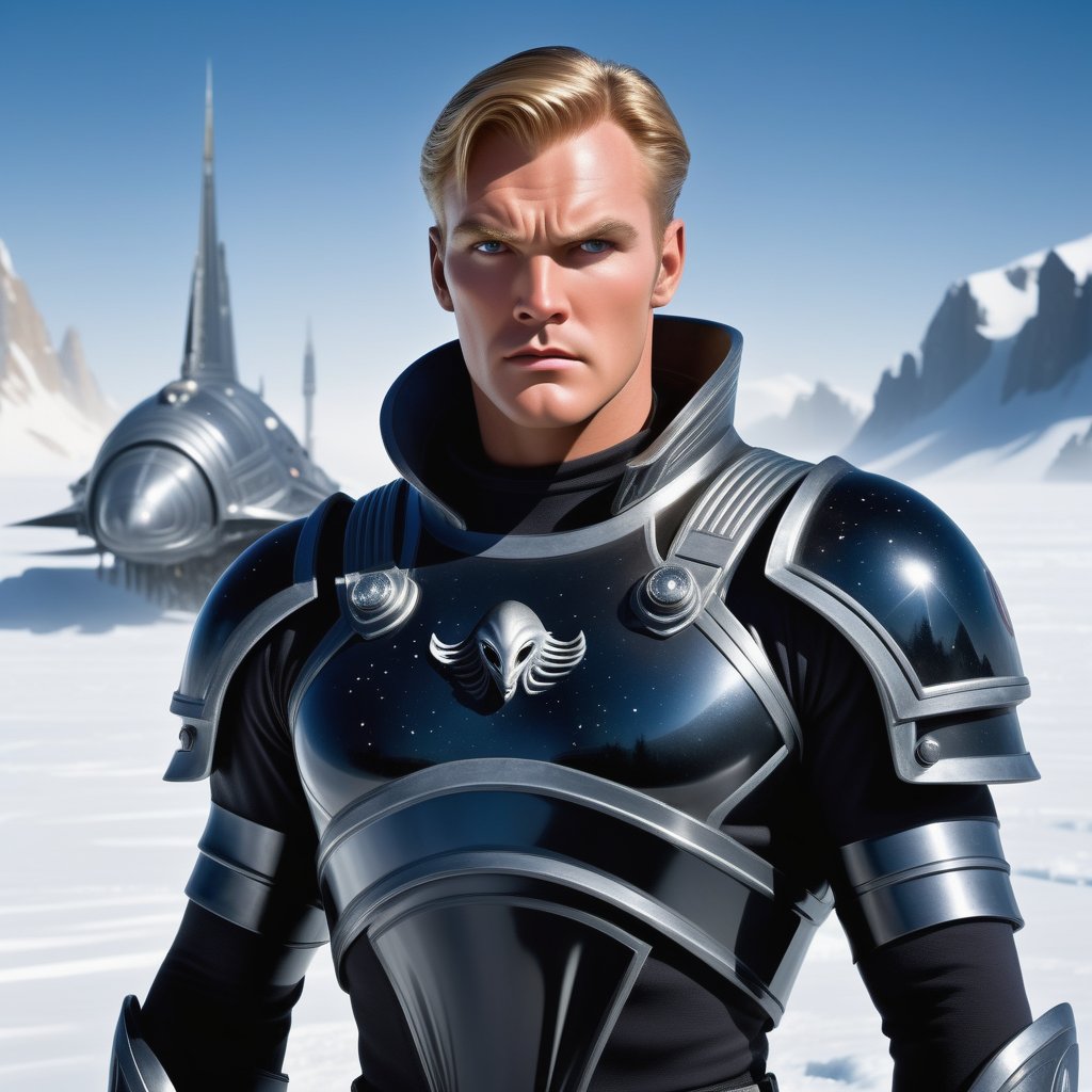 In a breathtaking photorealistic ((((art deco)))) (((flash gordon))) sci-fi image, a dashing young Russian man (((full body))), clad in an exquisite black star wars 1815-era army uniform, stands resolute outside amidst an alien icy landscape, his piercing gaze fixed intently on the horizon ((looks at something)). Frostbite has set in, with delicate ice crystals forming on his eyelashes and nose. The old army helmet sits atop his crew-cut hair, adding to his rugged determination. (((very big spaceship))),(((((((focus on alien blueblack slimy shiny bloated alien creatures)))))))

The dramatic side lighting casts long shadows across the snow, accentuating every contour of his chiseled face: wide jaws, wide nose, high cheekbones, and full lips, all set off by a thick, dramatic moustache. His muscular physique is evident beneath the uniform as he stands firm against the elements ((full body visible)).