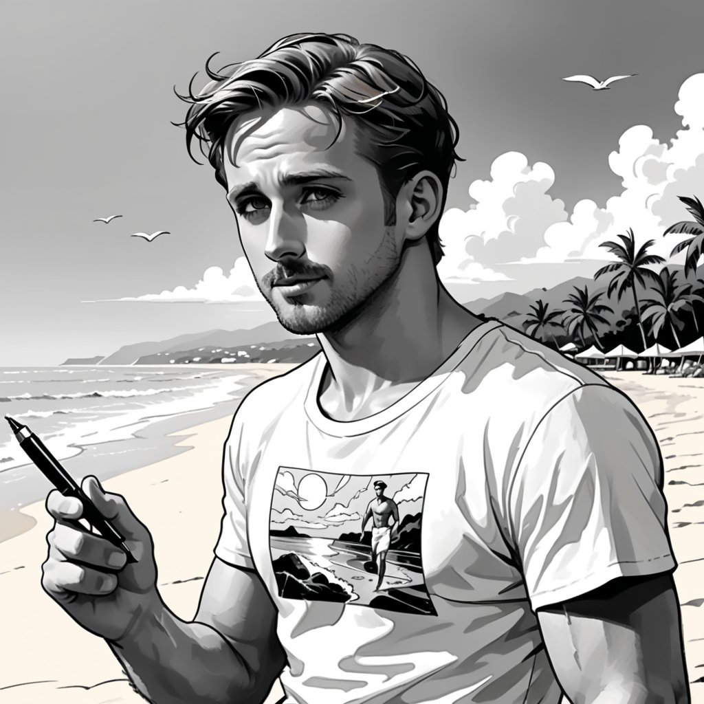 , (((ink drawing))), (((monochrome))),(((cartoon style))), high quality, 4k,masterpiece, (((in the style of alex raymond drawing ))),(((drawing comics style))),
(((high contrast))), (((line drawing))),one man on a beach, the man look like Ryan Gosling,