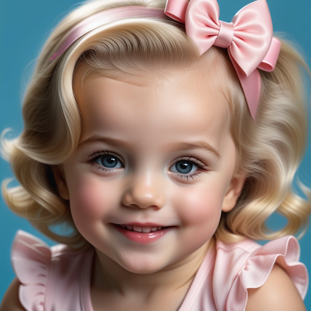 ,UHD, 8K, masterpiece, ultra realistic, realistic skin,Extremely Realistic  photorealistic, one 5 year old toddler girl, blond hair, one pink hairbow,smile,head tilted to one side,