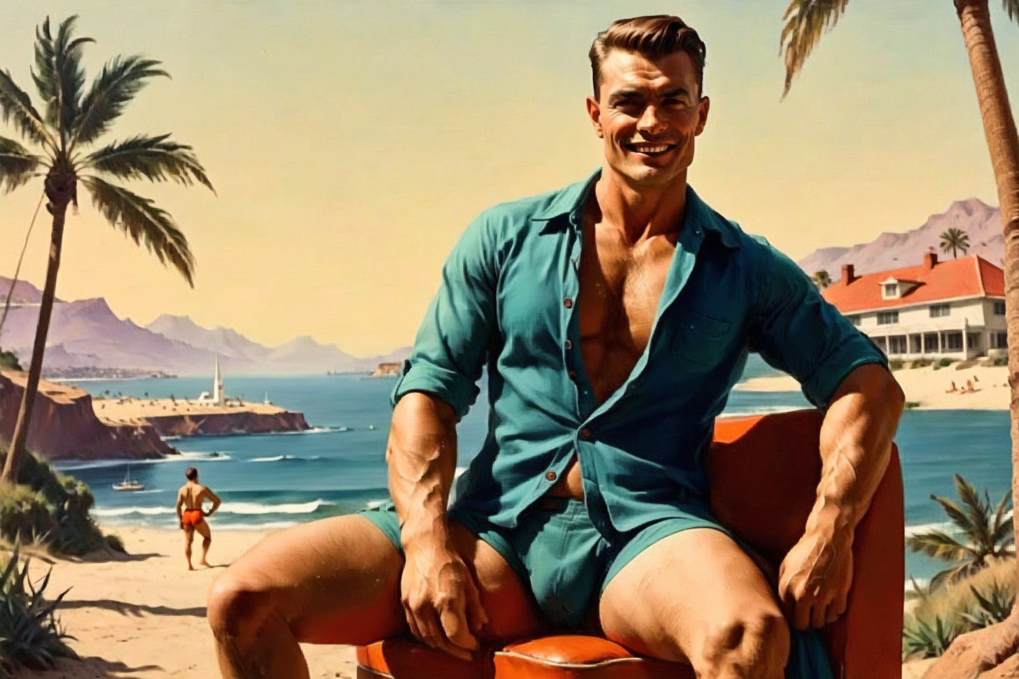 (((in the year of 1952))),photorealistic, masterpiece, high quality, (((((in the style of american mid century ((linedrawn)) illustration,))))),(((one hairy handsome muscular mature man))),at the beach, man is wearing bulging swiming trunks,the man is posing for the camera,man grin widely,