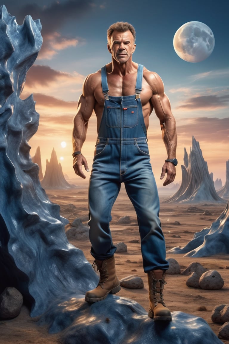 masterpiece,photorealistic,high quality,One mature muscular hairy man in a denim overall. Man is climbing in a alien landscape. Man is wearing big boots, sunset,dramatic lighting, two moons,