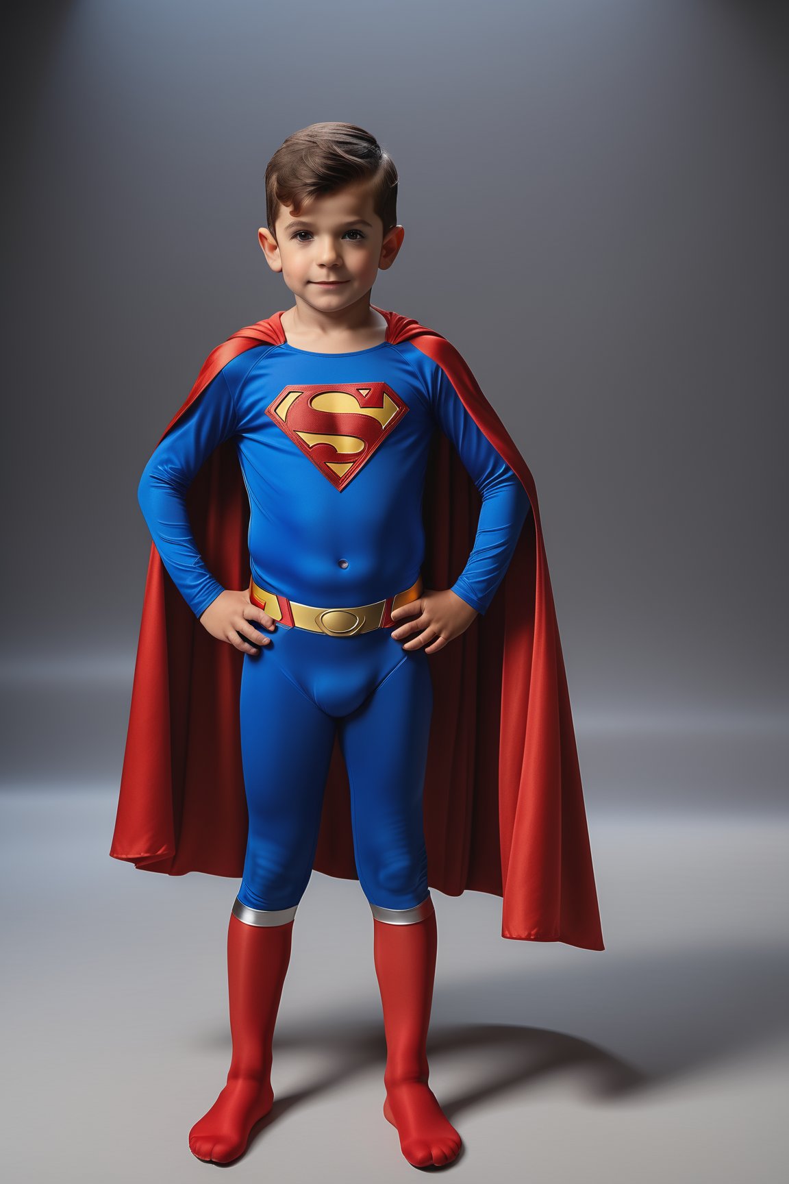 ,UHD, 8K, masterpiece, ultra realistic, realistic skin,Extremely Realistic,  photorealistic,(((one))) 8 year old boy is dressed as superman,full body,