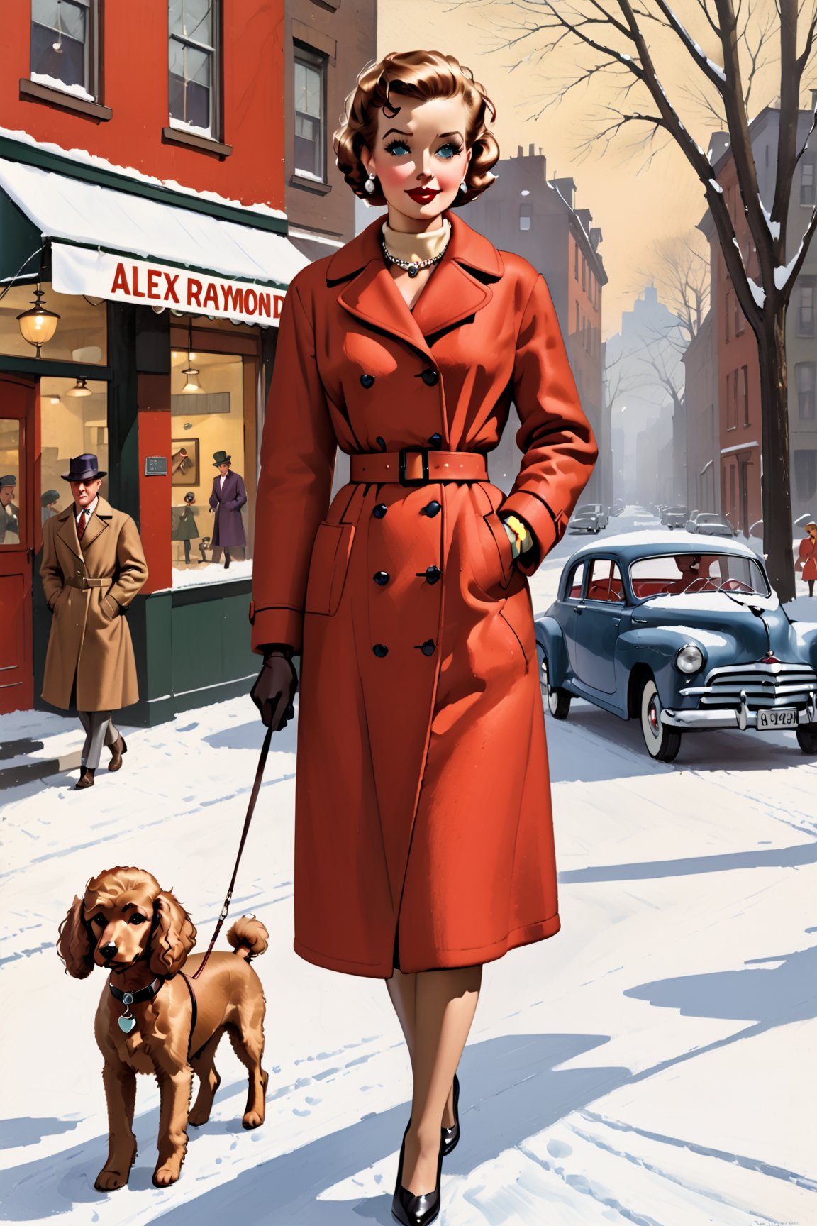 photorealistic, high quality,masterpiece ,(((in the style of alex raymond,))),magazine cover, in the year of 1955, a woman walking a poodle on the street,wintertime,