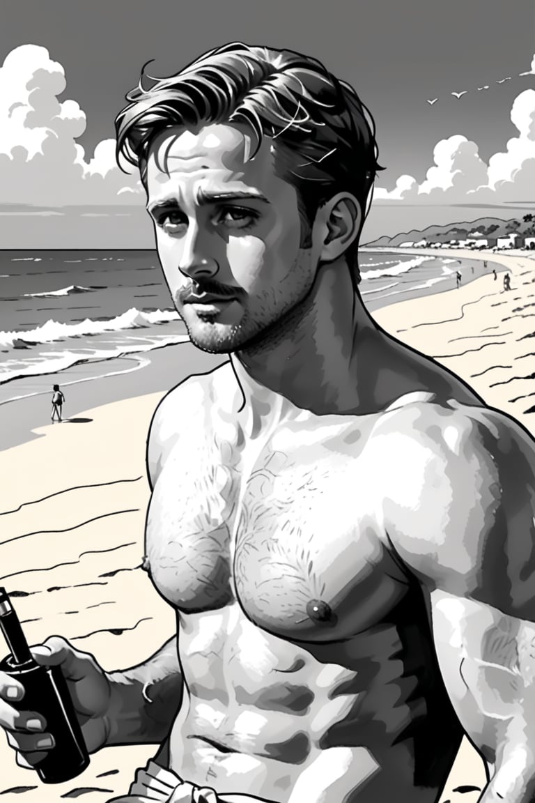 , (((ink drawing))), (((monochrome))),(((cartoon style))), high quality, 4k,masterpiece, (((in the style of alex raymond drawing ))),(((drawing comics style))),
(((high contrast))), (((line drawing))),one man on a beach, the man look like Ryan Gosling,