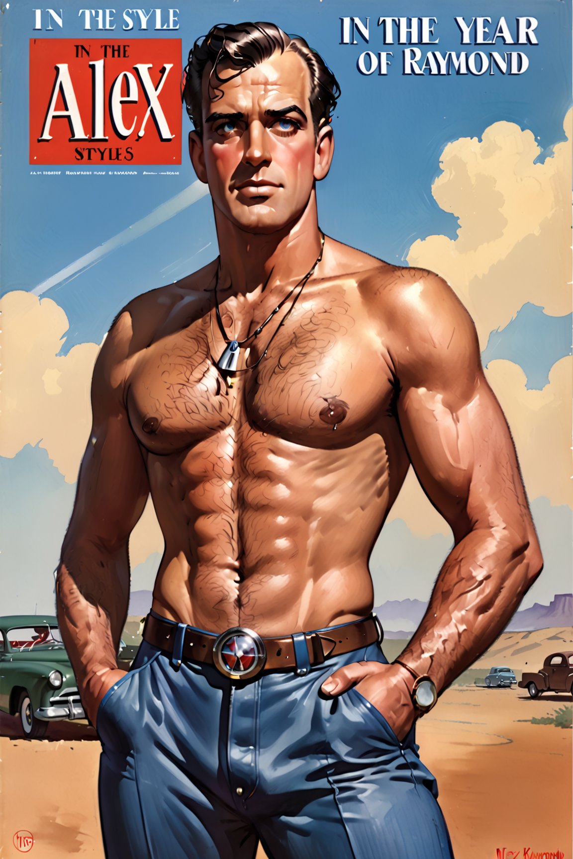 photorealistic, high quality,masterpiece ,(((in the style of alex raymond,))),magazine cover, in the year of 1955, cowboy posing,