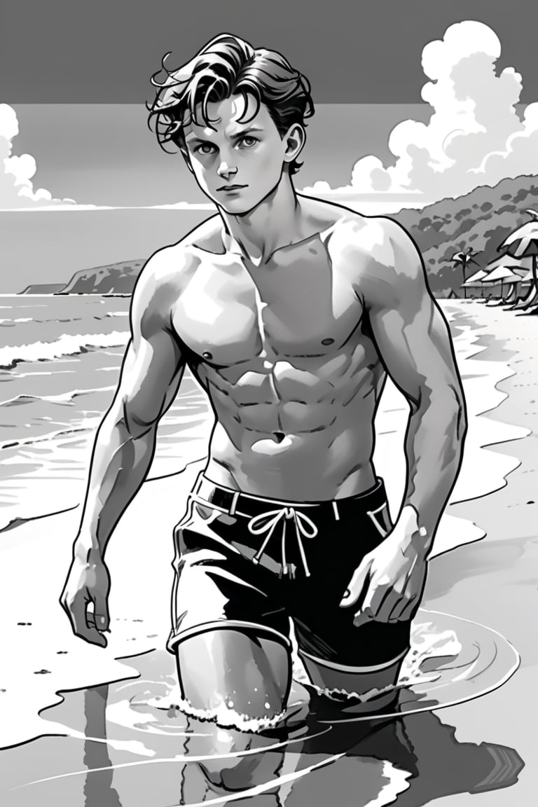 , (((ink drawing))), (((monochrome))),(((cartoon style))), high quality, 4k,masterpiece, (((in the style of alex raymond drawing ))),(((drawing comics style))),
(((high contrast))), (((line drawing))),one man on a beach, the man look like tom holland,