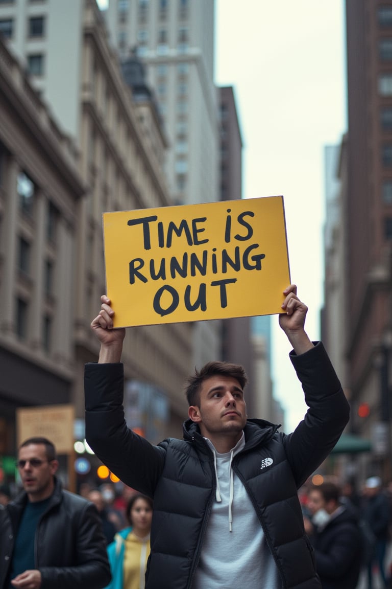 man holding a sign that say "Time is running out"