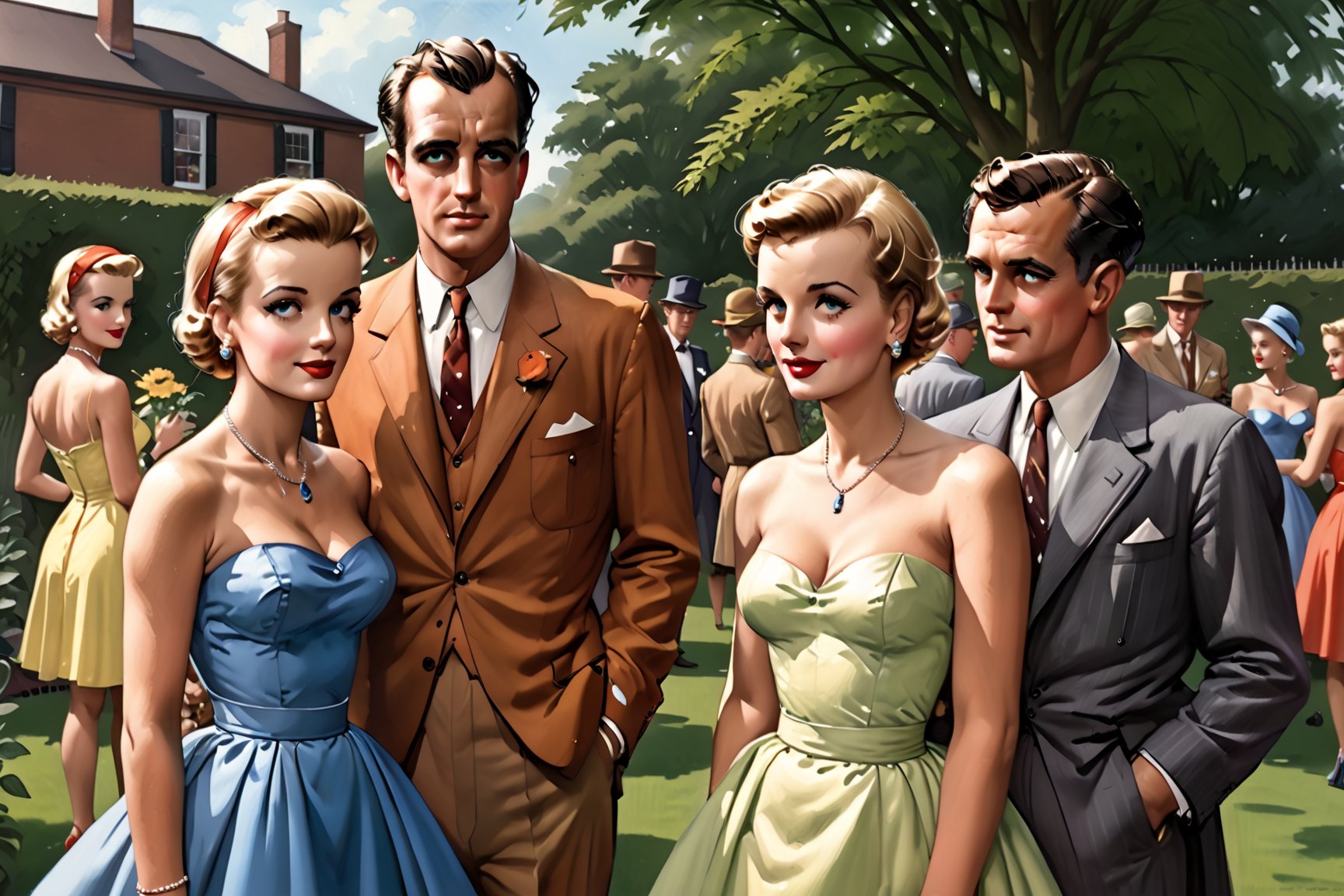 photorealistic, high quality,masterpiece ,(((in the style of alex raymond,))),in the year of 1955, a garden party,