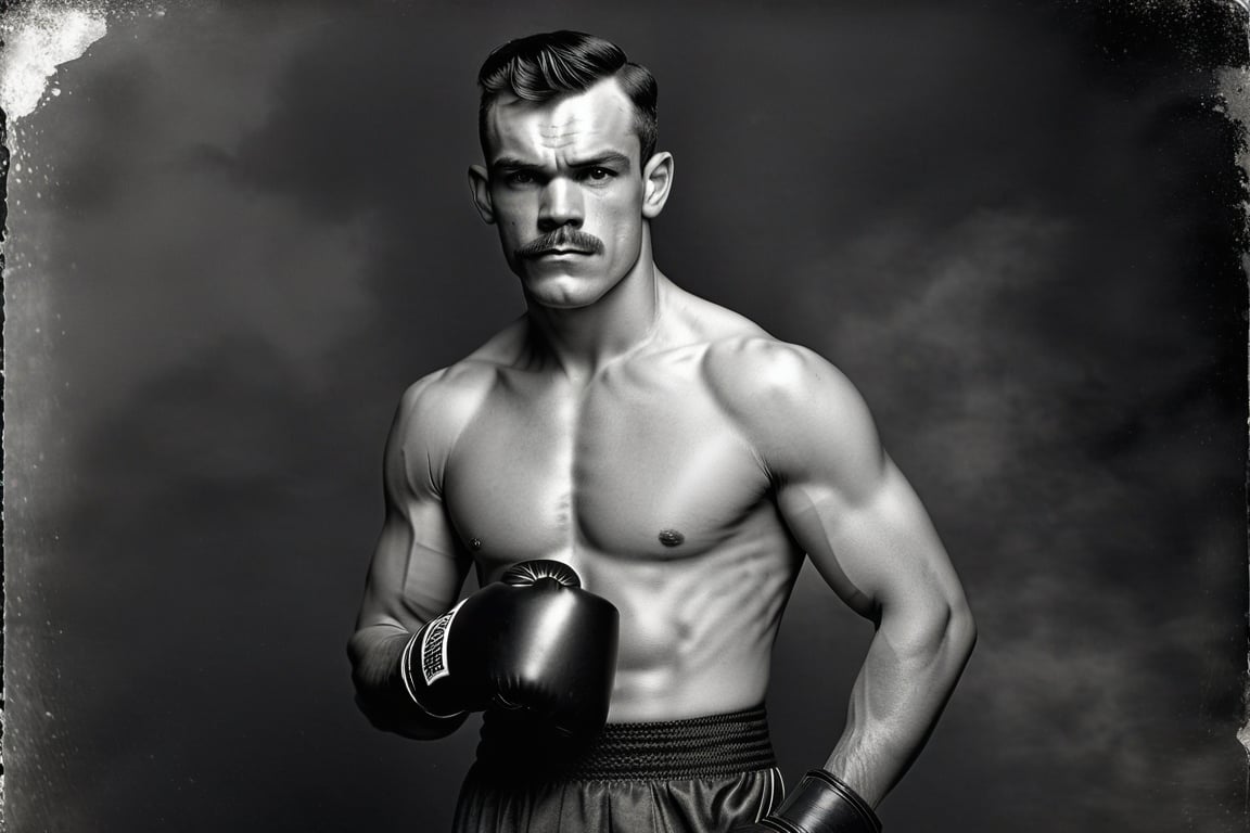 black/white,(((in the year of 1891))),photorealistic, ((in the style of an old victorian photo)),very old photo,photostudio,one handsome boxer man, full body,