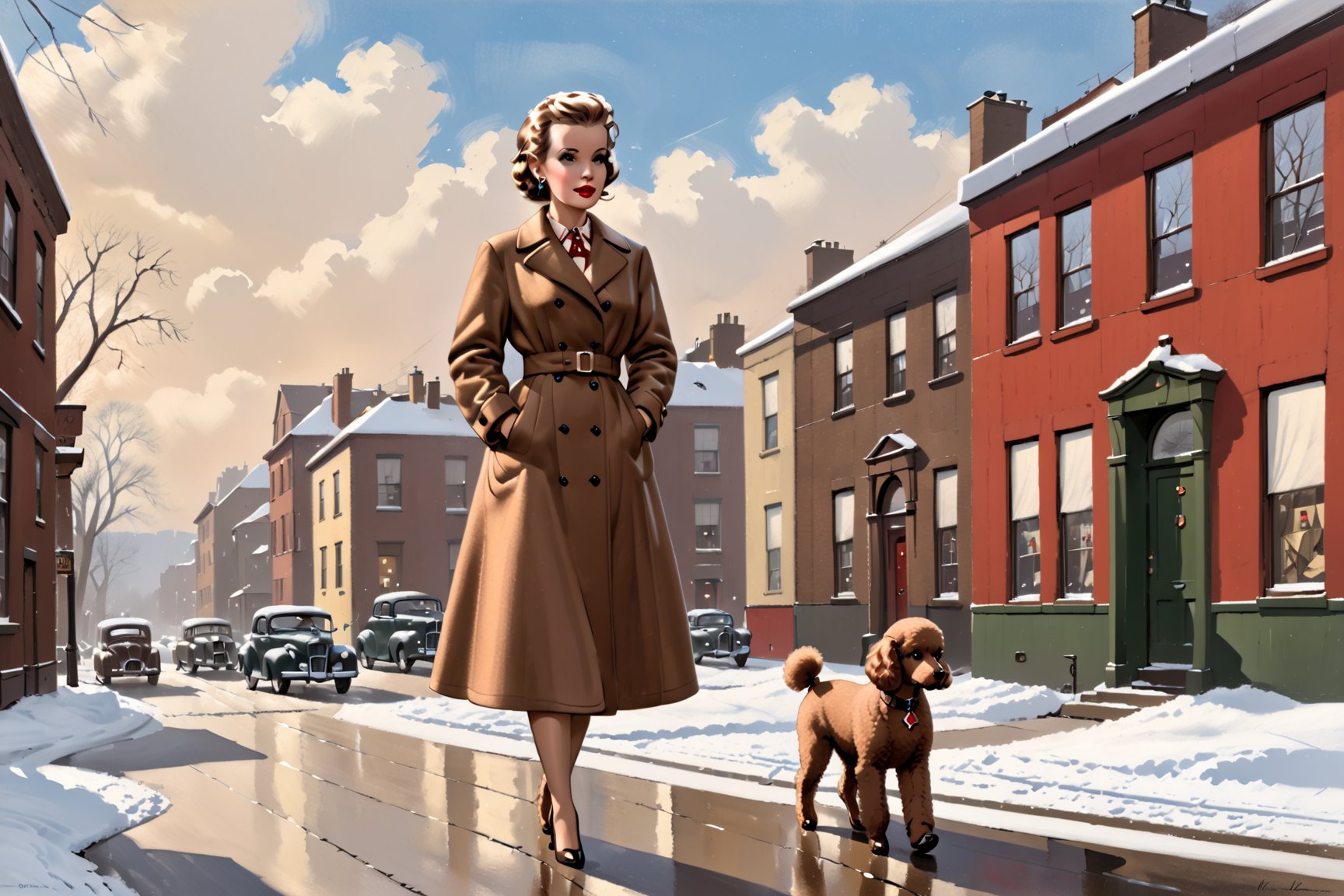 photorealistic, high quality,masterpiece ,(((in the style of alex raymond,))),in the year of 1955, a woman walking a poodle on the street,wintertime,