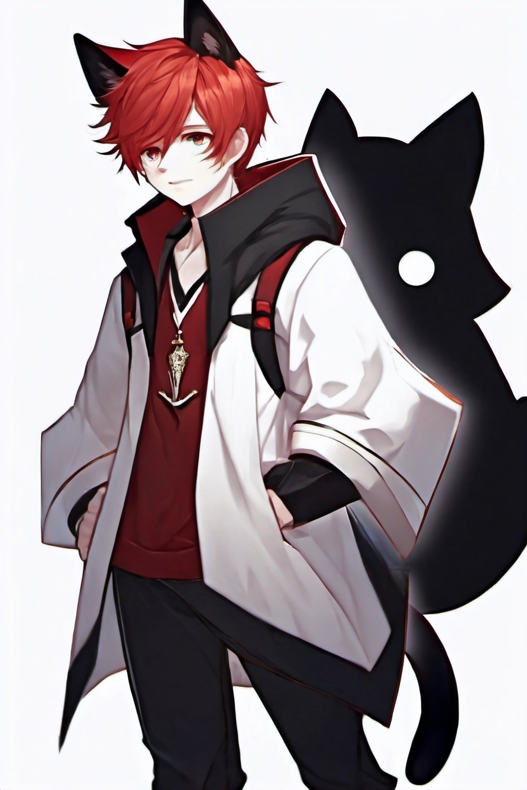 anime male, white_skin white_background boy, red_hair(head), black_furr(paws), paws