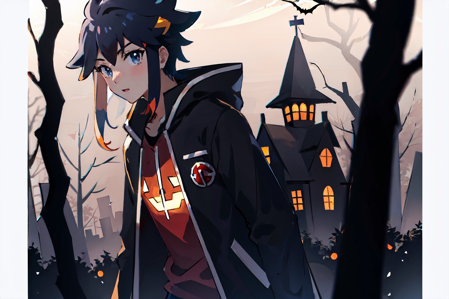 teenager, dark_forrest, Halloween, pokemon_anime_style