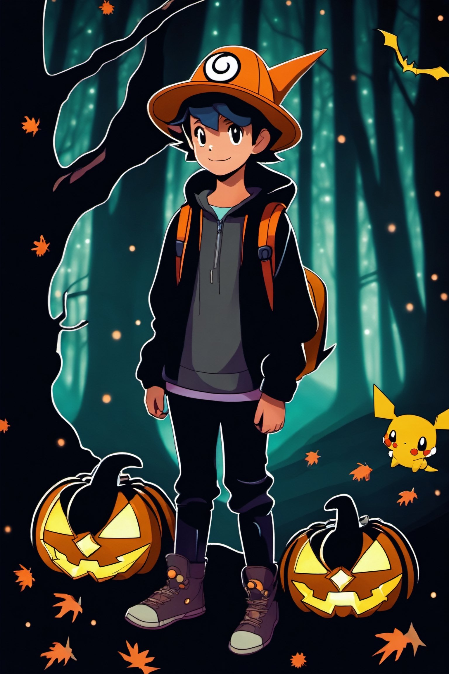 teenager, dark_forrest, Halloween, pokemon_anime_style, 