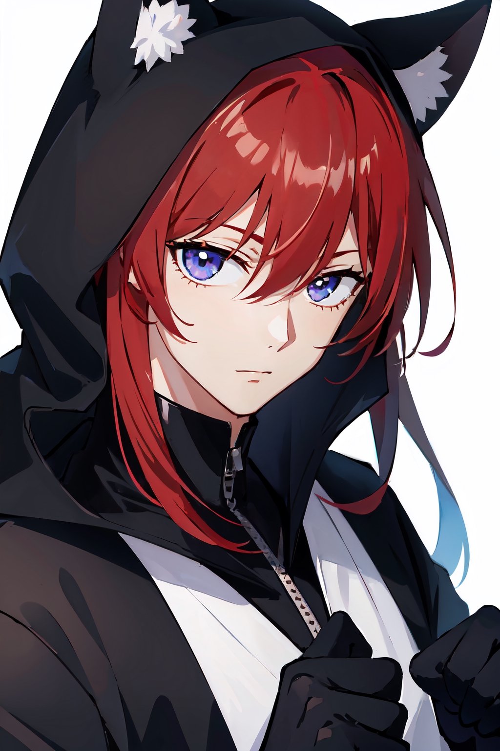 anime male, white_skin white_background boy, red_hair(head), black_furr(paws), paws