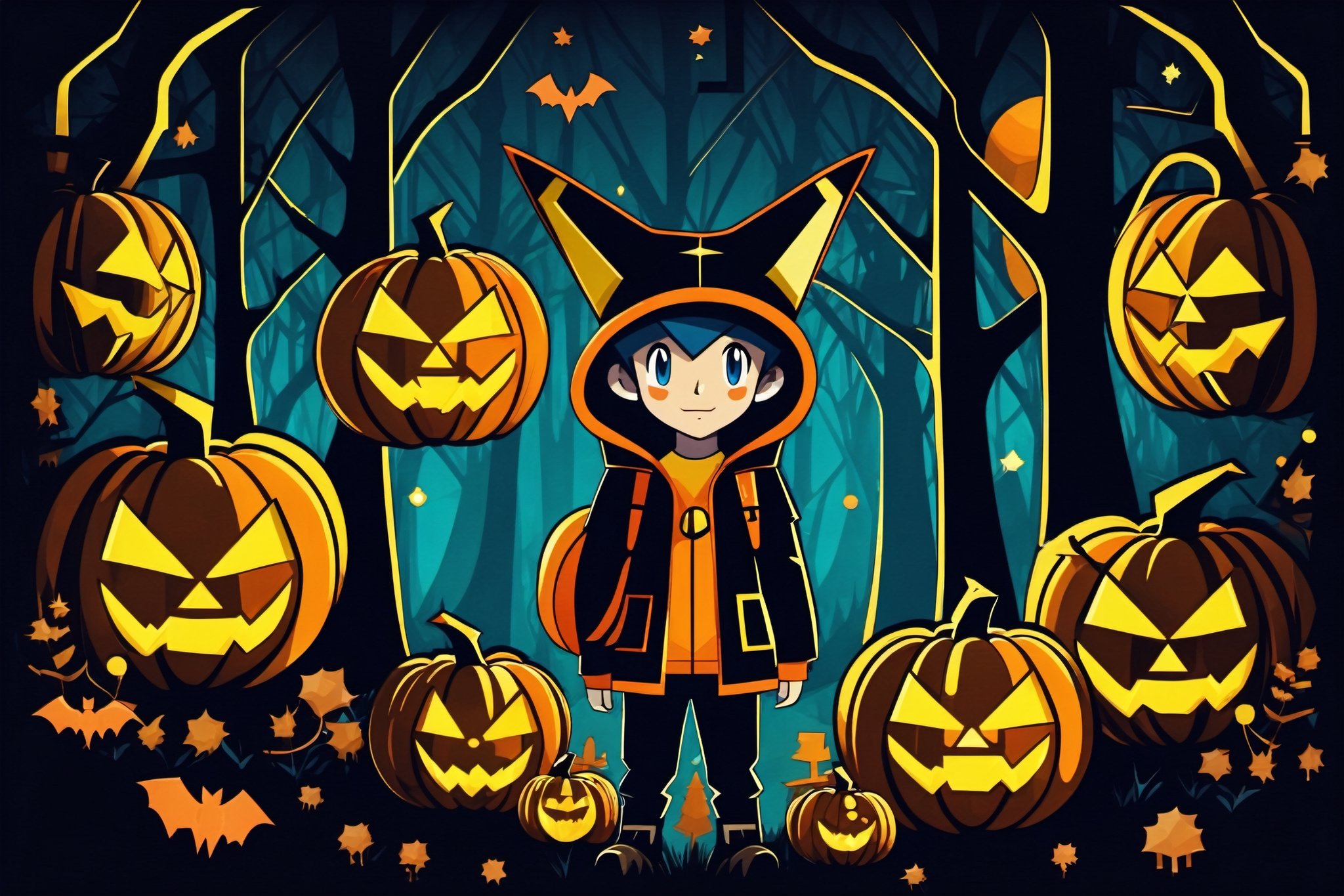 teenager, dark_forrest, Halloween, pokemon_anime_style,aw0k geometry