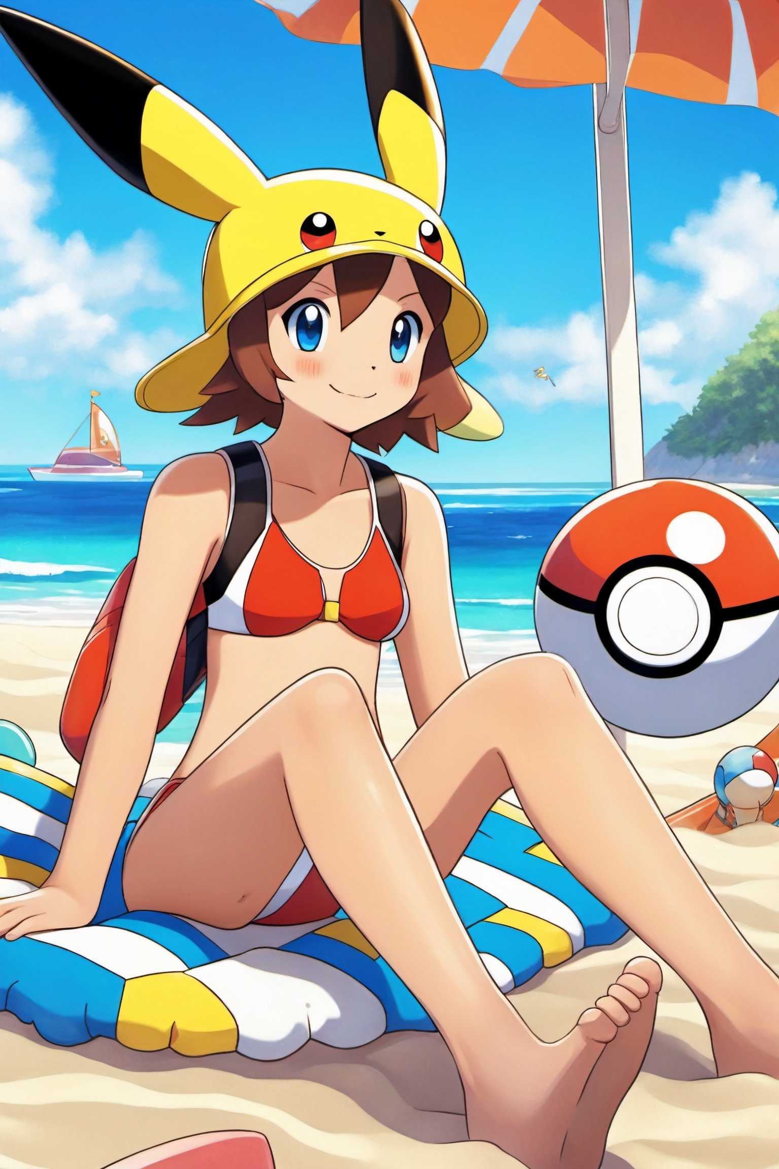 teenager, beach, swim_suit, feet_up, pokemon_anime_style