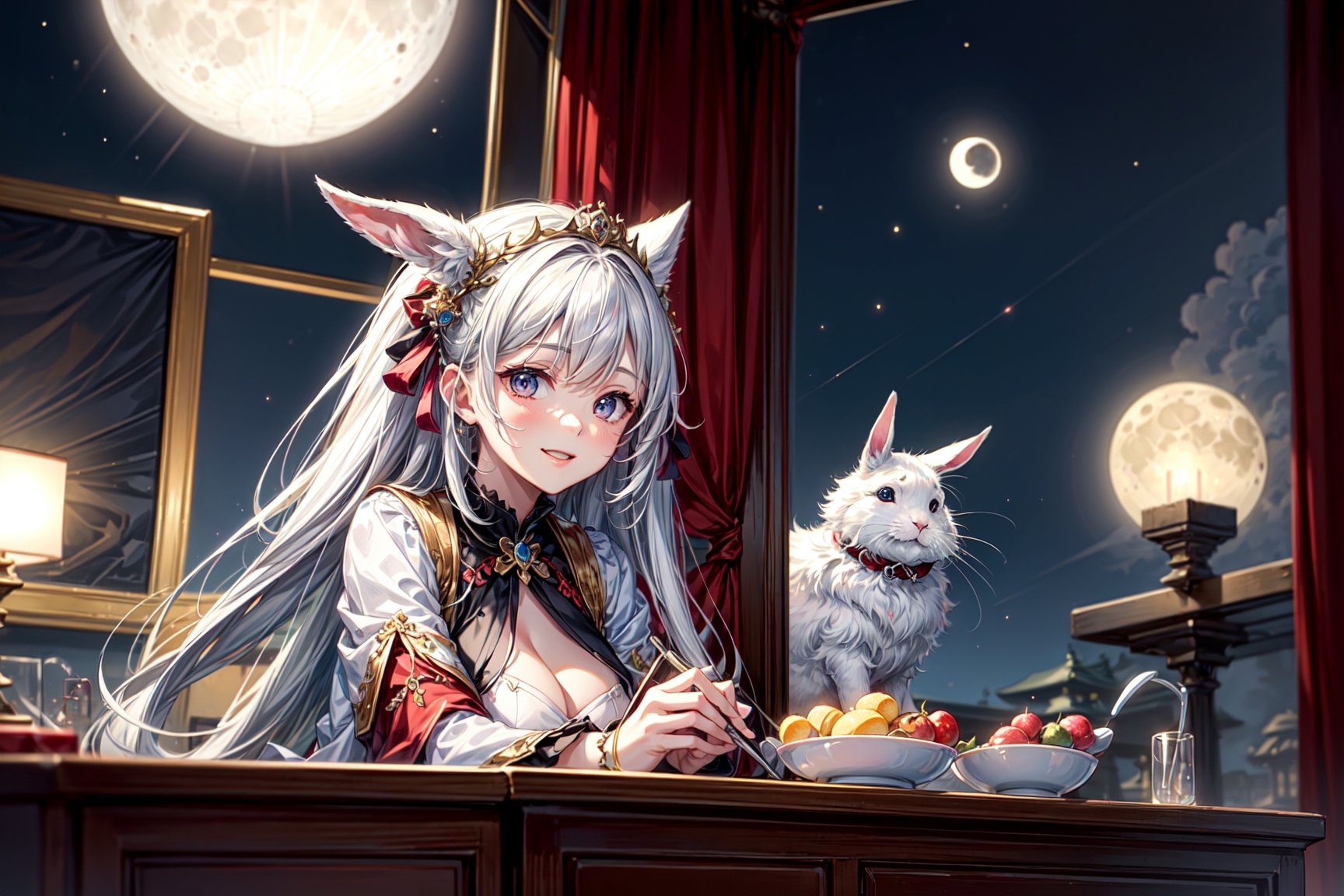 1girl with Japanese ancient costume inside palace with huge windows see moon,
 (a rabbit on
table1.2), (removinghelmet),  (palaceview:moon:1.5),
, (palacedecor), (lunarfeast),
(extravehicularactivity), (helmetoff:0.9),
(moonlit:1.2), (tradition:1.1), (savoring:1.1)
 masterpiece, an extremely delicate and beautiful, extremely
detailed, cG, unity , 2k wallpaper, Amazing, finely detail, light smile, extremely detailed
CG unity 8k wallpaper, huge filesize, ultra-detailed, highres, absurdres, soft light,