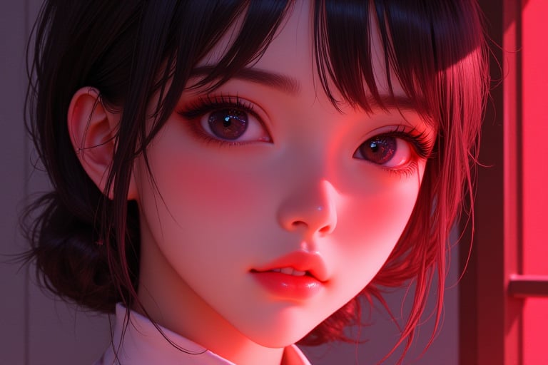 digital illustration style characterized by surreal colors, detailed rendering, 1 girl, smooth skin texture, soft shadows and highlights, fine hair detailing, emotional expression, clear linework, smooth color transitions, contemporary art style, hyperrealistic eyes, and an intimate, warm atmosphere.