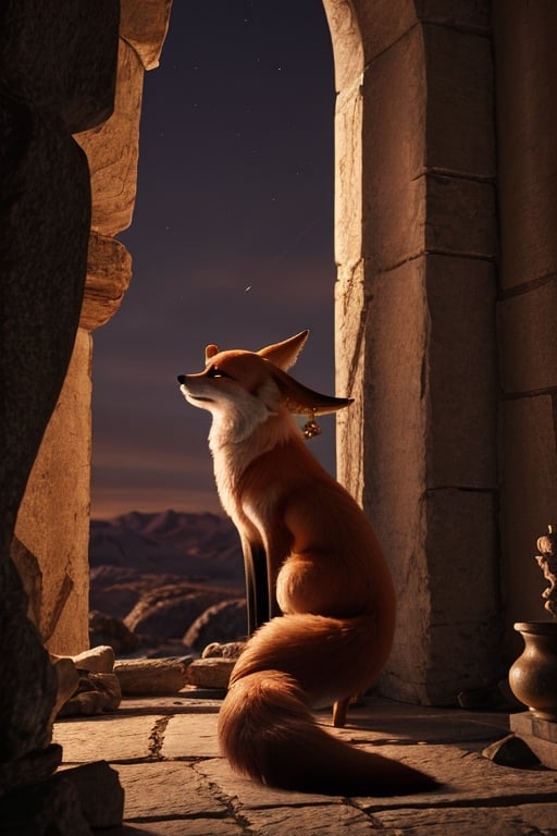 cinematic scene, a mythical fox with nine tails, reminiscent of Greek mythology,cinematic atmosphere,FFIXBG,((YaeMikoFox))