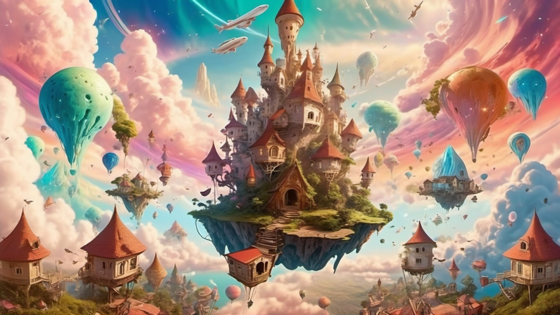 (Dreamscape in a Fantasy Art Style with Airbnb Branding),(various Airbnb listings float on clouds, each resembling a different dreamy environment like a castle, a beach hut, or a treehouse),(travel items like passports and suitcases bear Airbnb logos and are scattered across the clouds),(a sky filled with auroras, shooting stars, and fantasy creatures),(the scene invites viewers to dream about their next travel adventure),High detailed ,no_humans,Color magic,ColorART