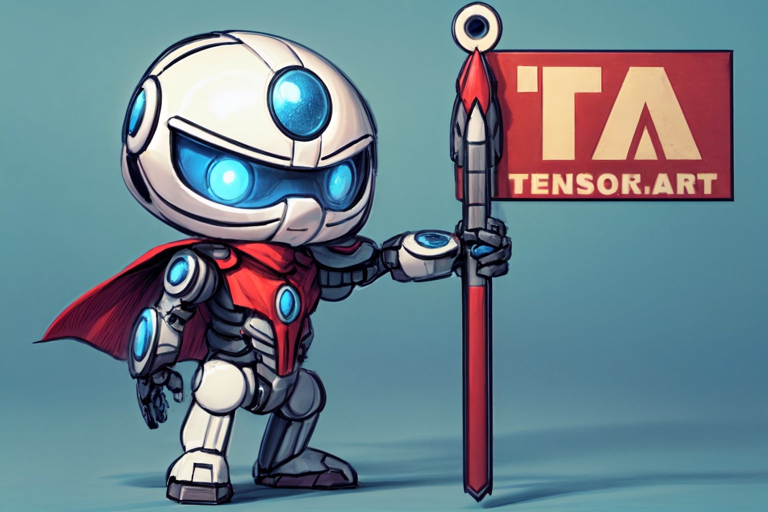 cute robot holding a flag that says "TA" and little antennae on the sides, solo, closed eyes, smile, facing viewer, 3D style, simple background, white background, robot, Monster, cyborg style, red cape, blue color, blue eyes