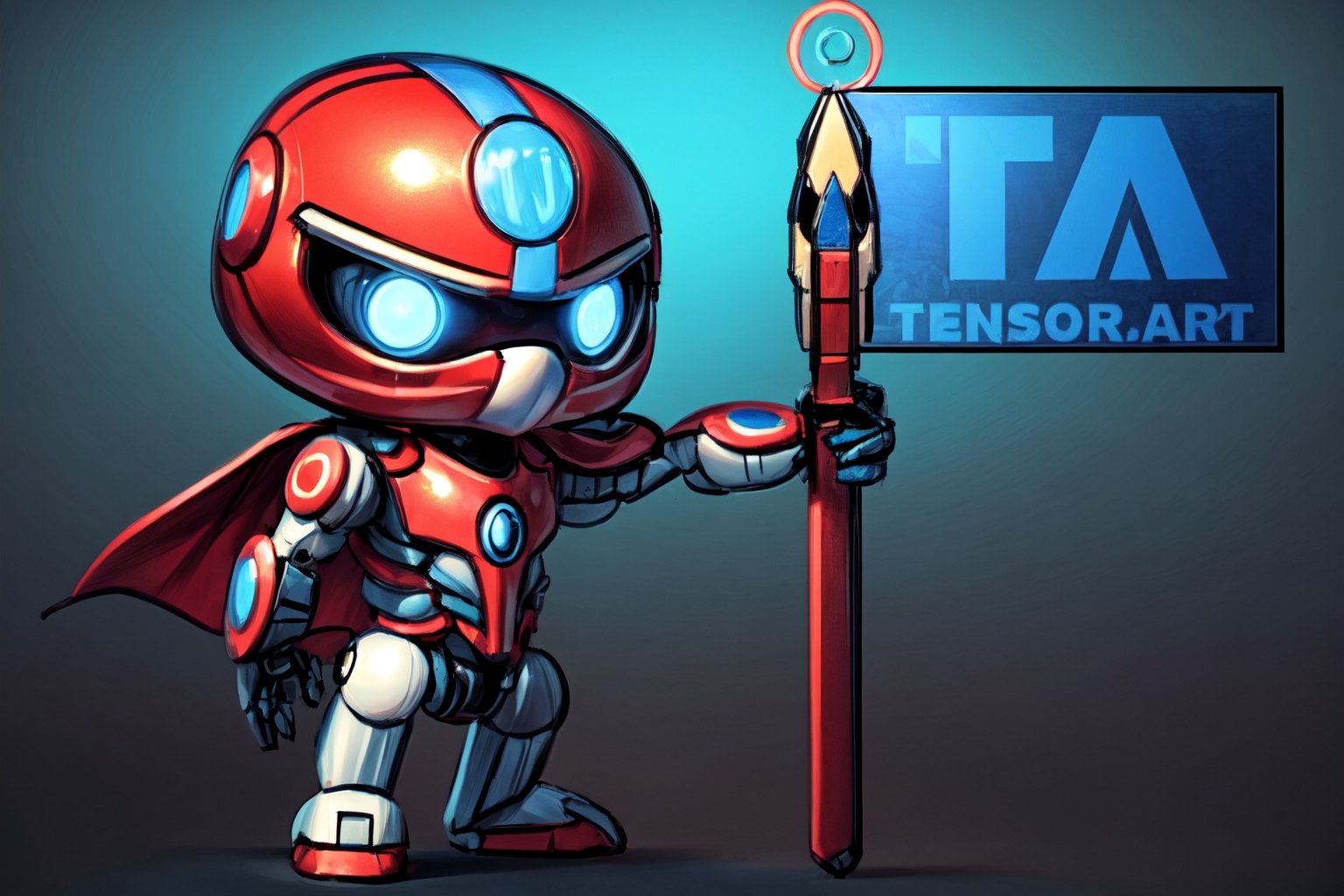 cute robot holding a flag that says "TA" and little antennae on the sides, solo, closed eyes, smile, facing viewer, 3D style, simple background, white background, robot, Monster, cyborg style, red cape, blue color, blue eyes, shiny armor, Glow, neon lights 