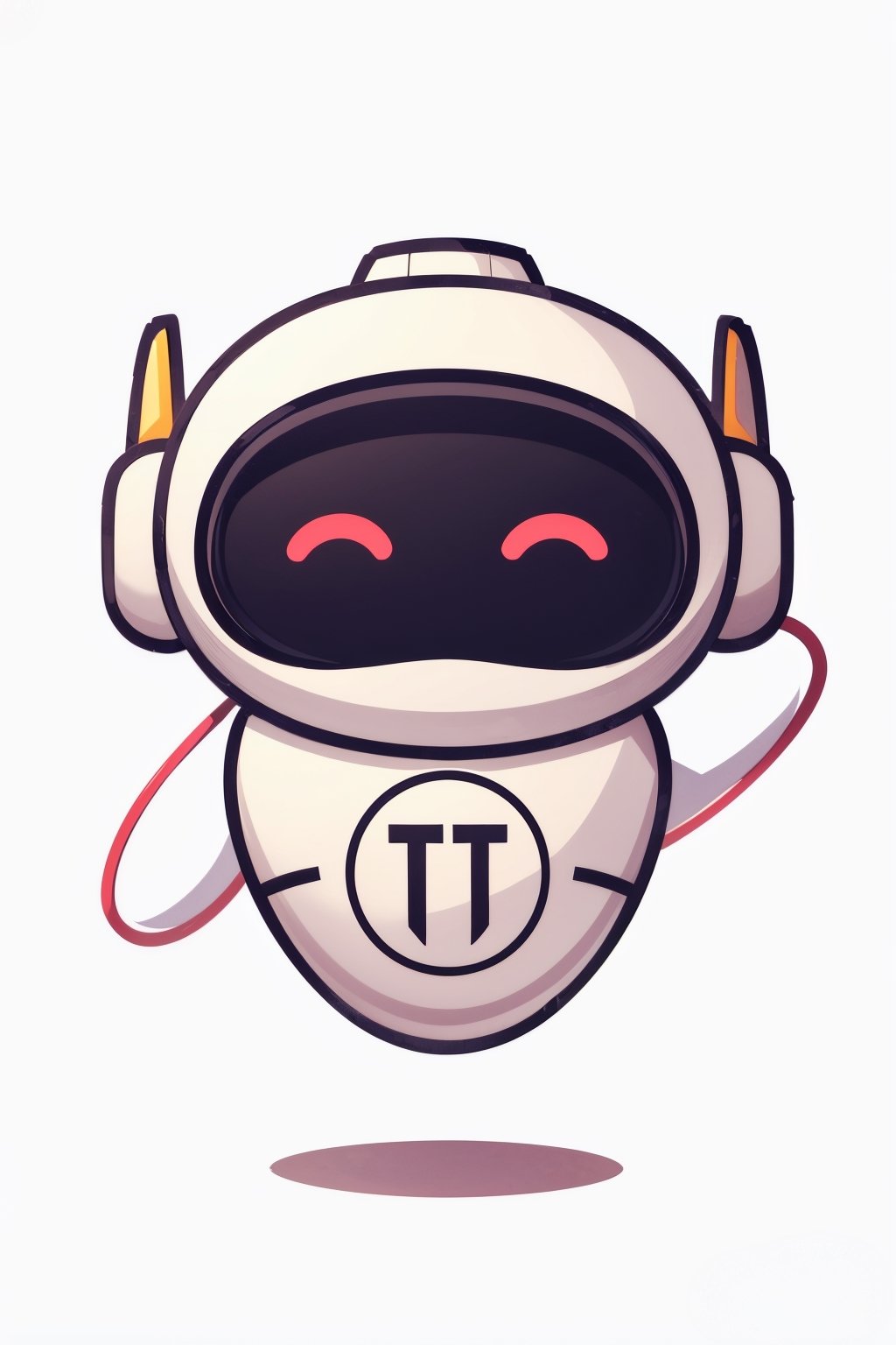 A mascot cartoon robot with its arms crossed and little antennae on the sides, solo, closed eyes, smile, facing viewer, 3D style, simple background,  white background, robot, ((signature " T T" on body)), ,chibi