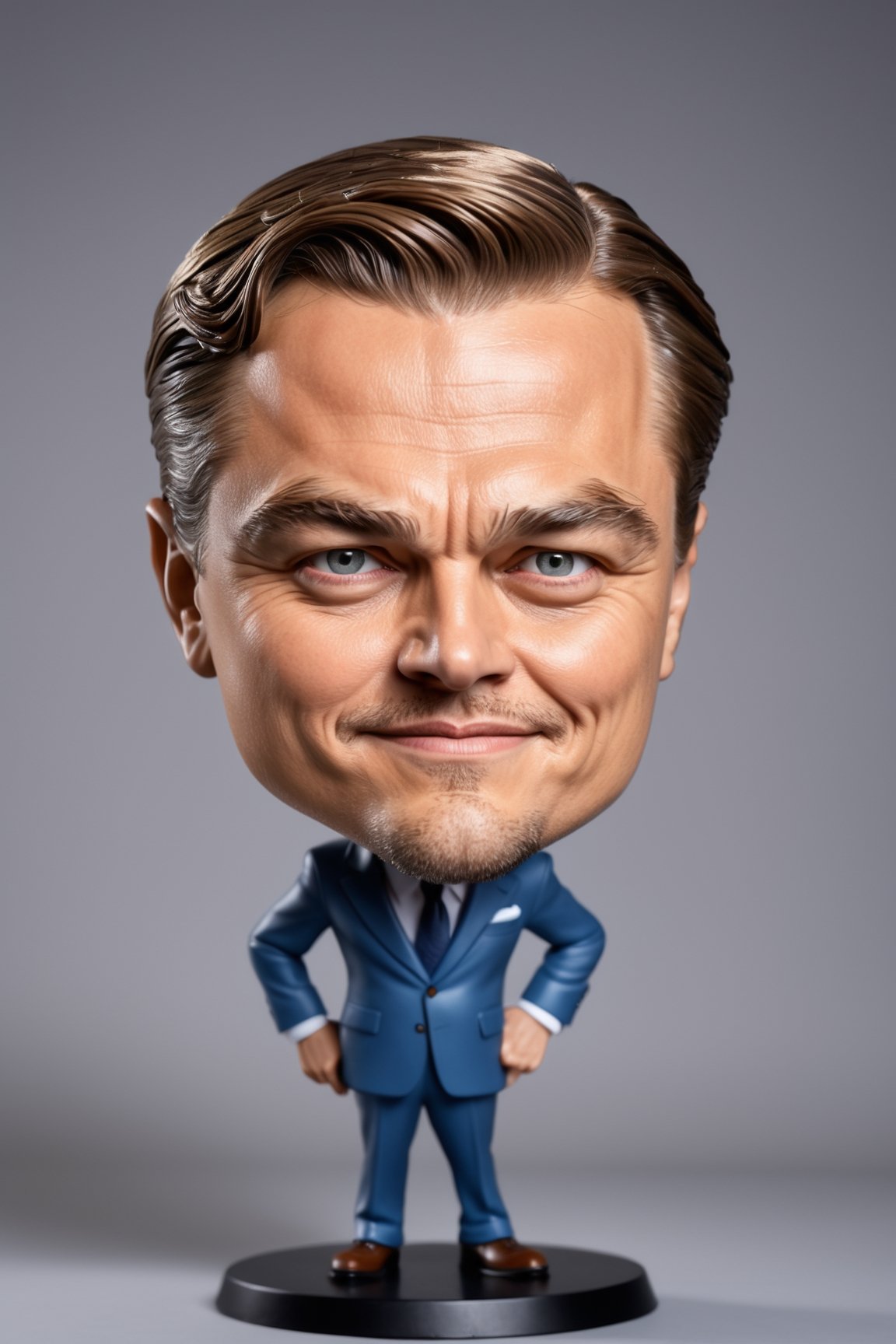  masterpiece, Comic caricature illustration، Leonardo DiCaprio, Exaggerated features with oversized head and eyes،  Hyper-realistic vinyl toy appearance، Caricature art; oversized features, hyper-realistic portrayal, photo r3al,Movie Still