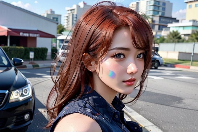 Best quality, masterpiece, ultra high res, (photorealistic:1.4), raw photo,(NSFW:1), red hair, battle worn,  pretty rusian girl, delicate face, beautiful girl, hot body, hot girl, long hair, floating hair, dilated pupils, eyebrows behind hair, ringed eyes, holding breath, soft smile, face paint, scars on face, blue tight sexy police uniform, big gun, bat black  car, working, bulldog pet, Surrealism, ray tracing, reflection light, motion lines, blurry foreground, perspective, Canon, Fujifilm, 8k, super detail, best quality, UHD,  photon mapping