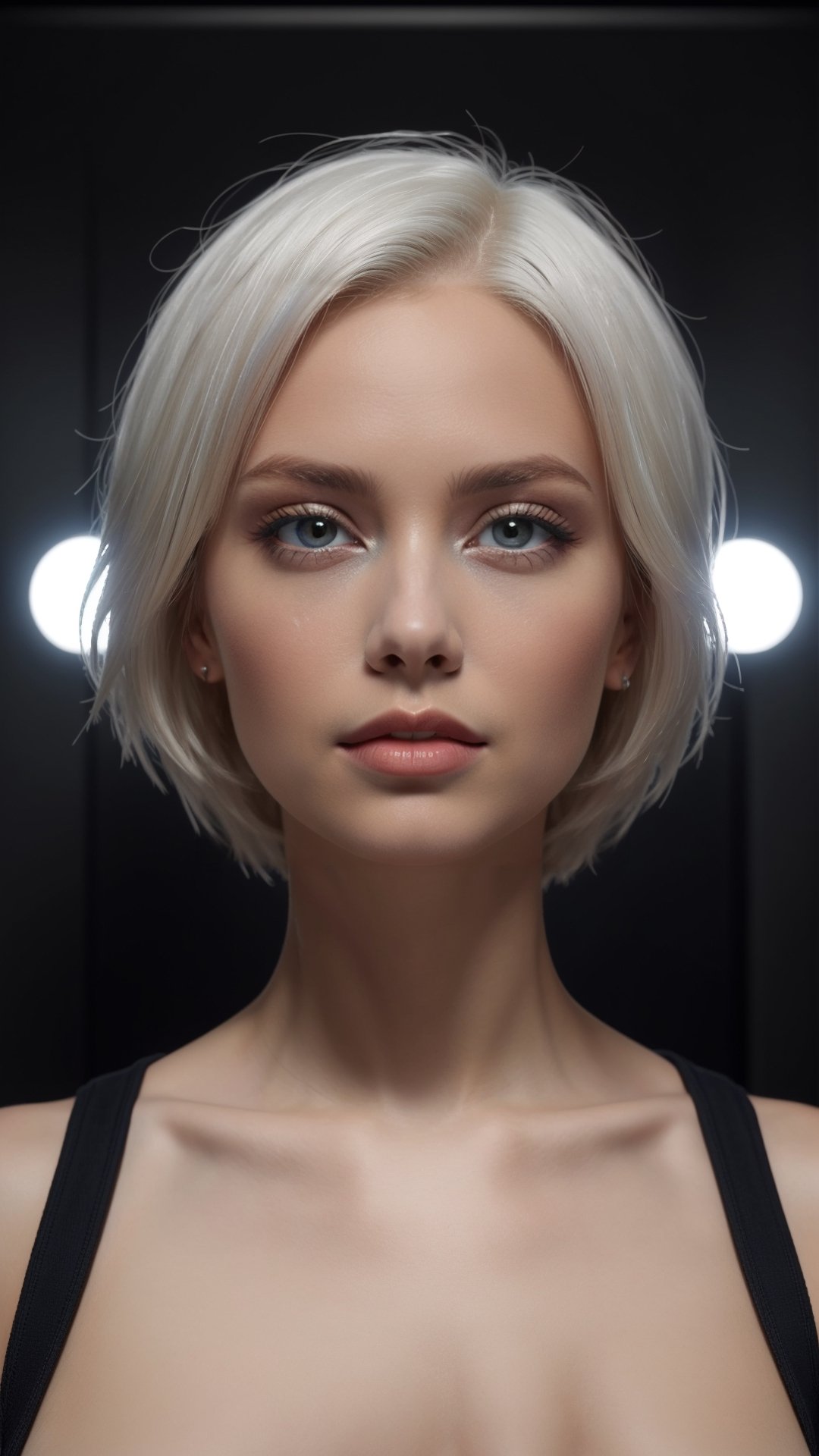 An expressive and deep portrait with symmetrical eyes. The subject is a stunningly beautiful slender girl with a naive and innocent facial expression. She has a shaggy haircut and white hair color. She is wearing a sci-fi tight-fitting jumpsuit and looks up into the camera. The background is a white sci-fi room. The image is stunning quality, ultra-high resolution, photorealistic, and 8k.