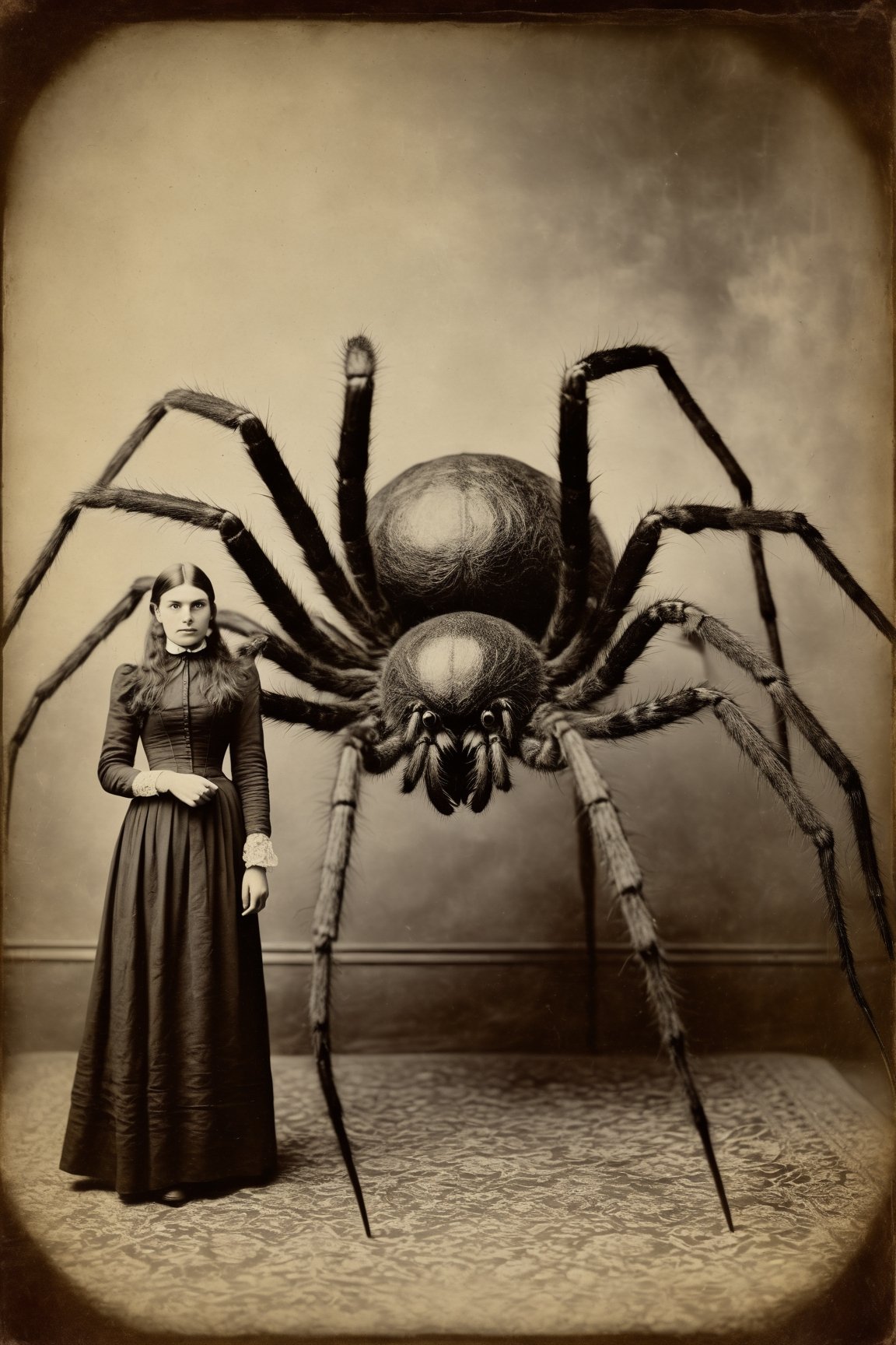 young woman standing next to a giant spider monster, in the style of contemporary vintage photography, necronomicon illustrations, tabletop photography, 1890, hyperrealistic animal portraits, ghostly presence, whirring contrivances