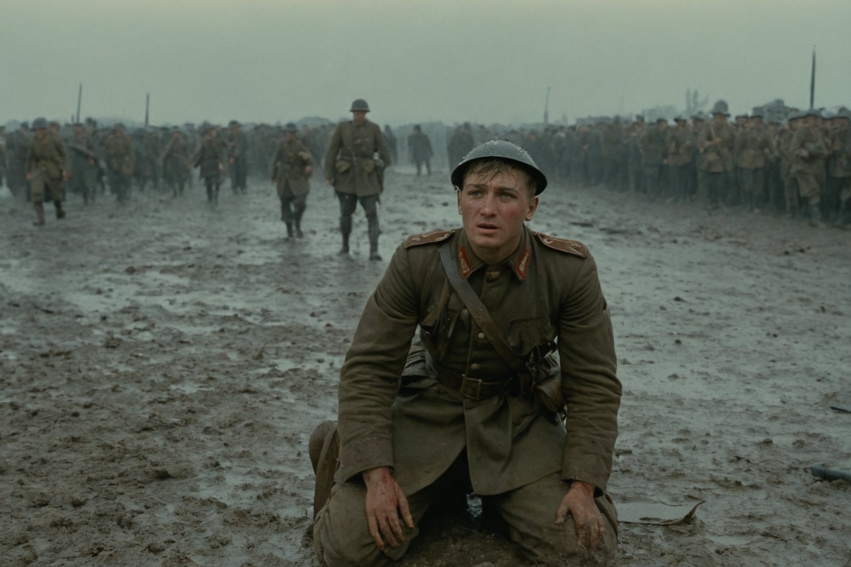 The soldier is with one knee on the ground while looking up at the sky. His face gets wet with the rain. Traces of blood and pain color the scene. In the distance you can see the smoke of the bombs that have just exploded. 1916