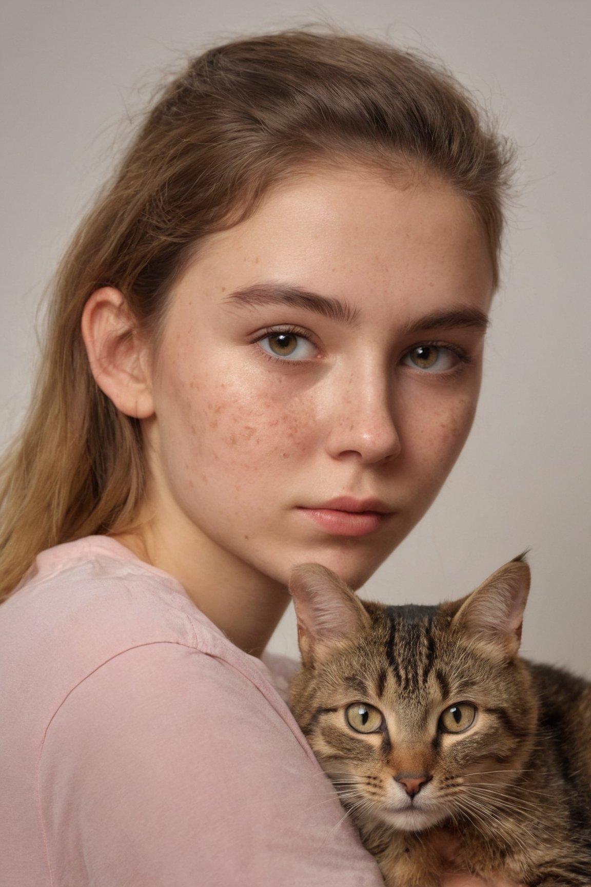 photo realistic, masterpiece, hyper detailed, beautiful teenager with acne holds a cat, chestnut, 8k uhd, soft lighting, looks at viewer