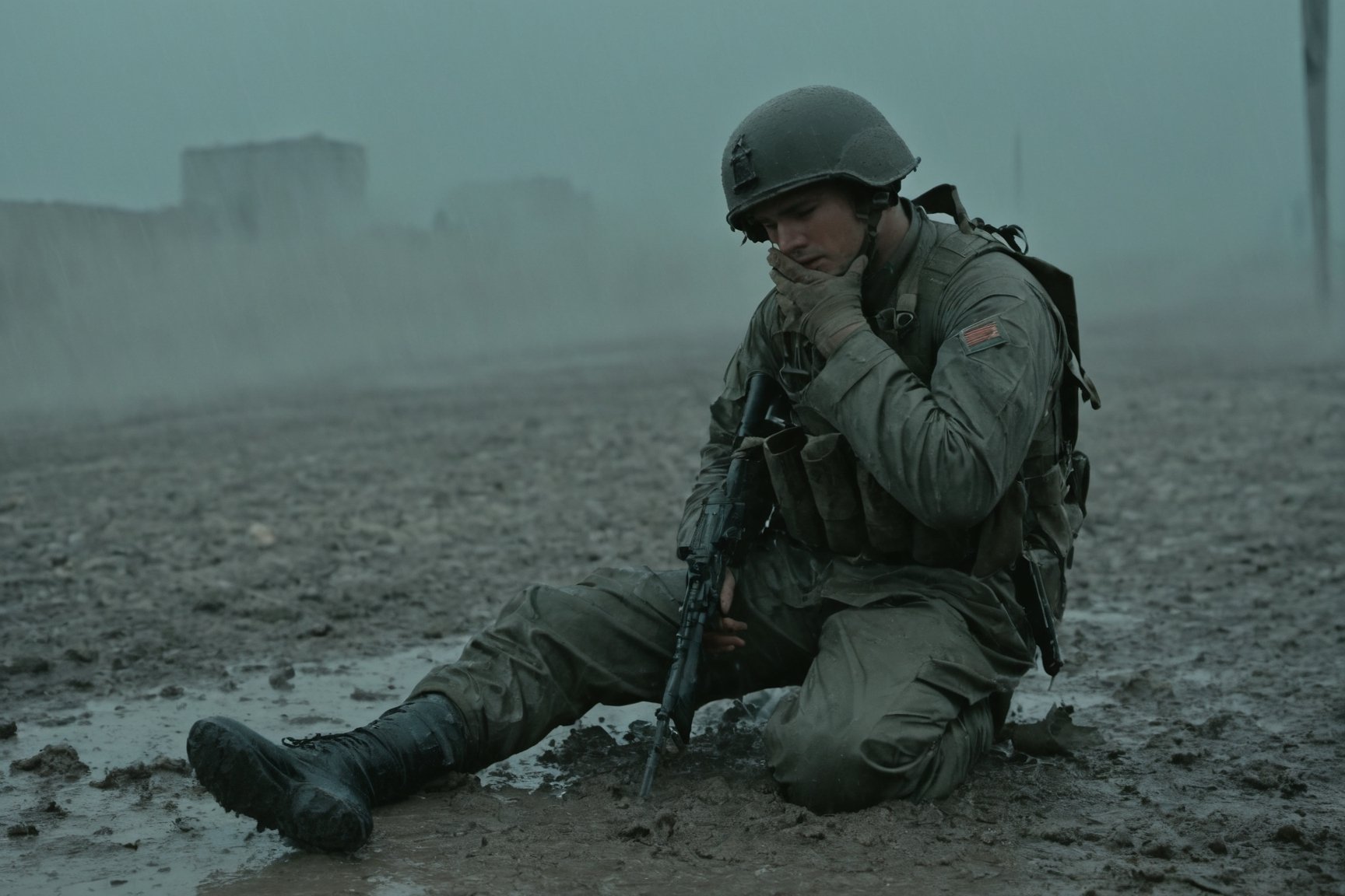 The soldier is with one knee on the ground while looking up at the sky. His face gets wet with the rain. Traces of blood and pain color the scene. In the distance you can see the smoke of the bombs that have just exploded