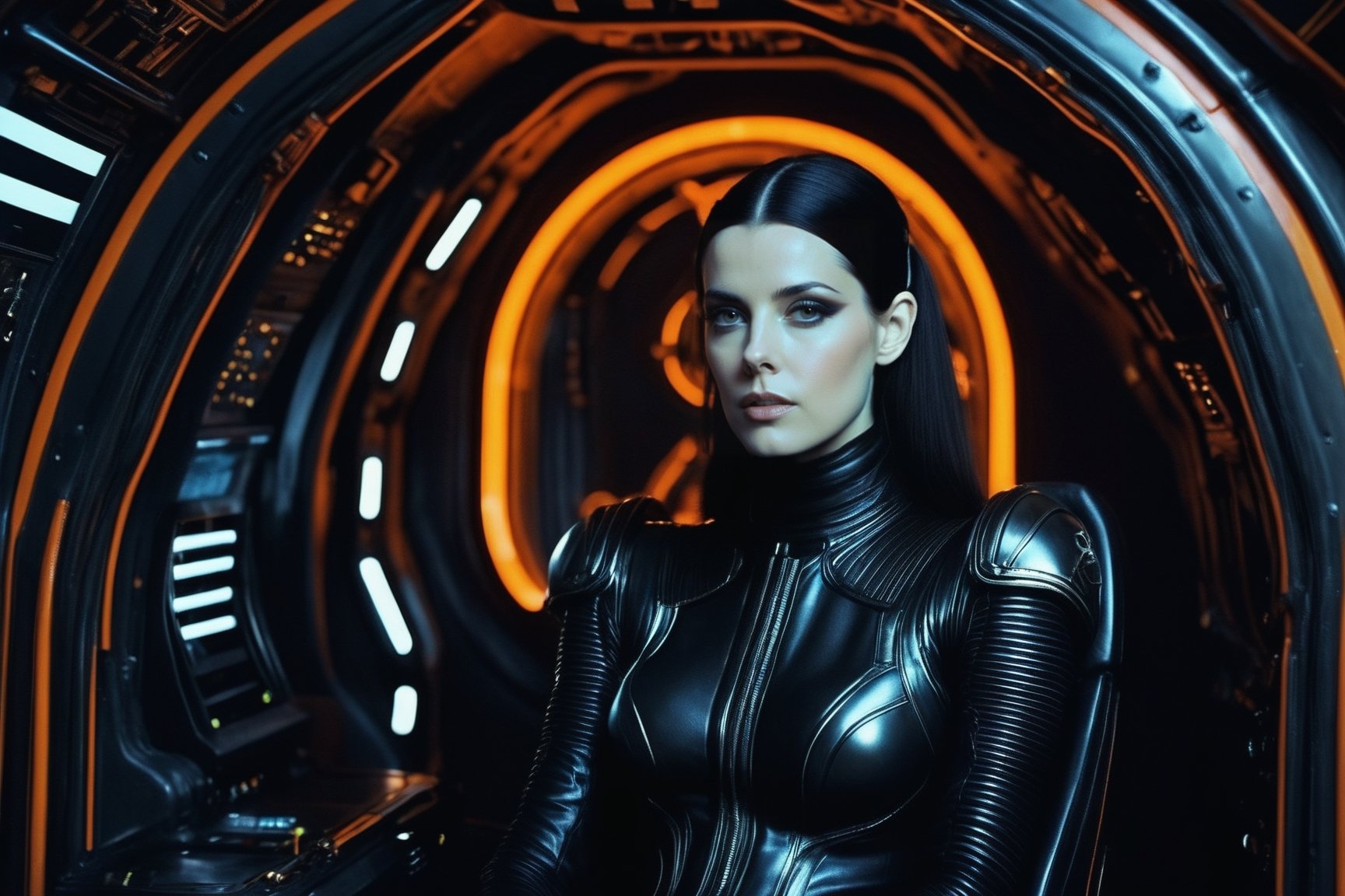 Young and beautiful astronaut Neal Stephenson's combination of technology and philosophy meets H.R.'s nightmarish aesthetic. Giger. A dim orange light behind her Sitting in a creepy cockpit of a gothic spaceship. Film. in focus. detailed. 8K