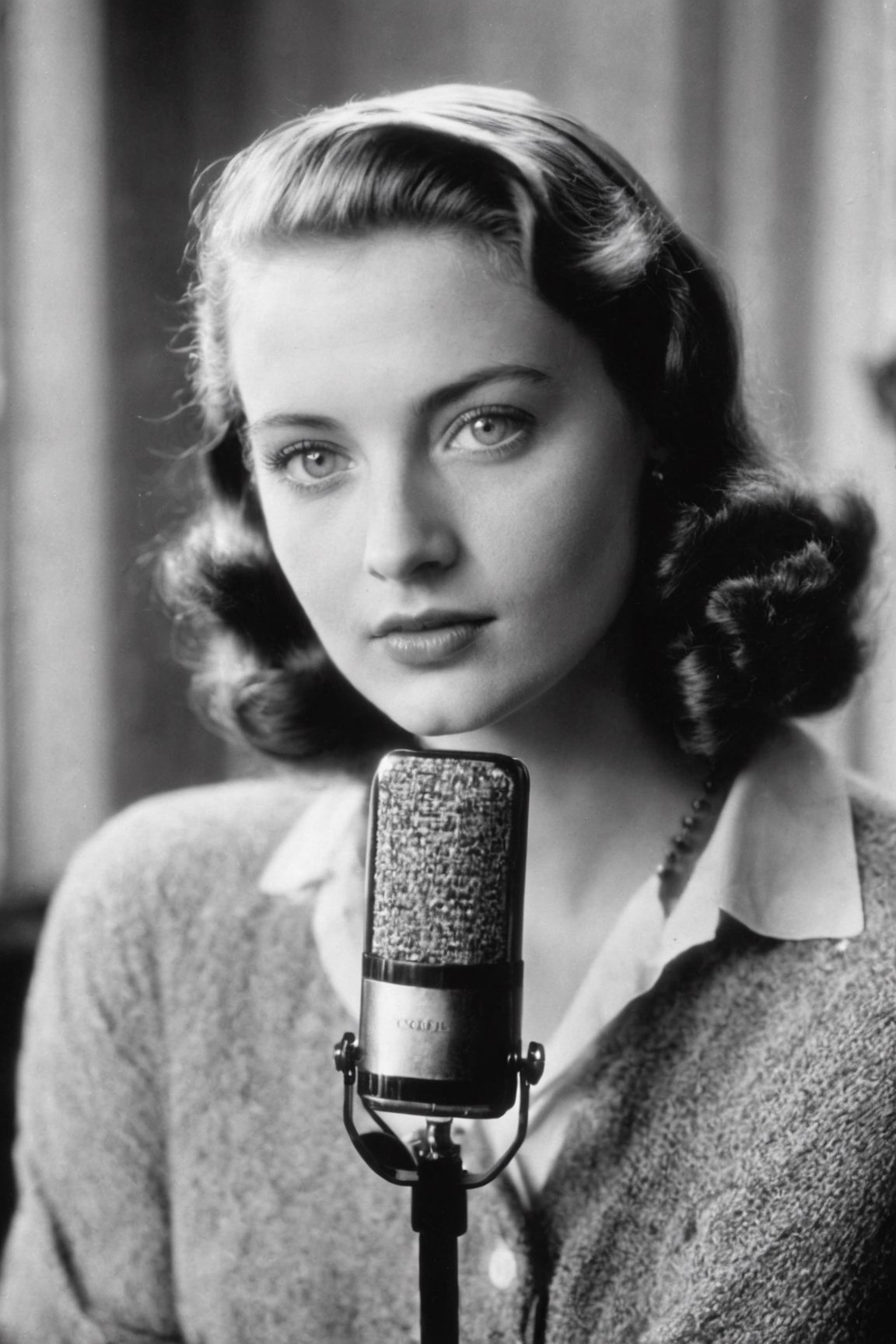 Beautiful young woman in her 20s, blue eyes, speaks into a radio microphone and looks at the camera. 1950,Vogue. Annie Leibovitz style. kodak tri x