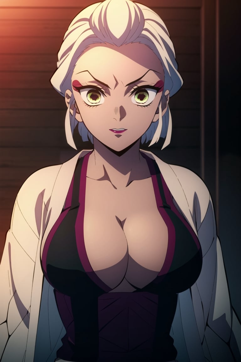 kimetsu no yaiba style, 1girl, solo, ((kimestu no yaiba)), short hair, white hair, messy hair, upper body, anime coloring, big breast, chest exposed, adult body, short hair, dark skin, brown skinned, demon slayer uniform, traditional Japanese clothing, , dark skin, attractive, adult,, big breast, haori, white and blue haori, dark blue demon slayer uniform, demon slayer uniform, exposed chest, chest exposed, unbuttoned uniform