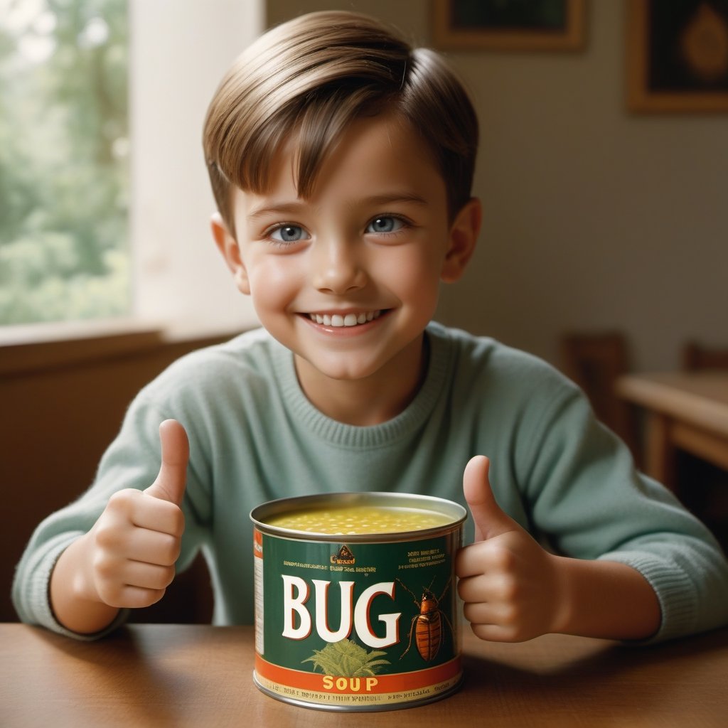 1950s Life Magazine ad photo of a smiling child with a (bowl of "Bug Soup":1.5) on a table with (words "Bug Soup":1.5) on (soup can:1.8) label "Bug Soup", roaches floating in bowl, sharp focus, (thumbs up:1.5), RAW candid cinema, 16mm, color graded portra 400 film, remarkable color, ultra realistic, textured skin, remarkable detailed pupils, realistic dull skin noise, visible skin detail, skin fuzz, dry skin, shot with cinematic camera
