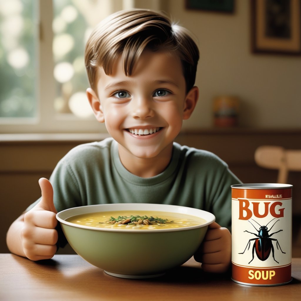 1950s Life Magazine ad photo of a smiling child with a (bowl of "Bug Soup":1.5) on a table with (words "Bug Soup":1.5) on (soup can:1.8) label "Bug Soup", roaches floating in bowl, sharp focus, (thumbs up:1.5), RAW candid cinema, 16mm, color graded portra 400 film, remarkable color, ultra realistic, textured skin, remarkable detailed pupils, realistic dull skin noise, visible skin detail, skin fuzz, dry skin, shot with cinematic camera
