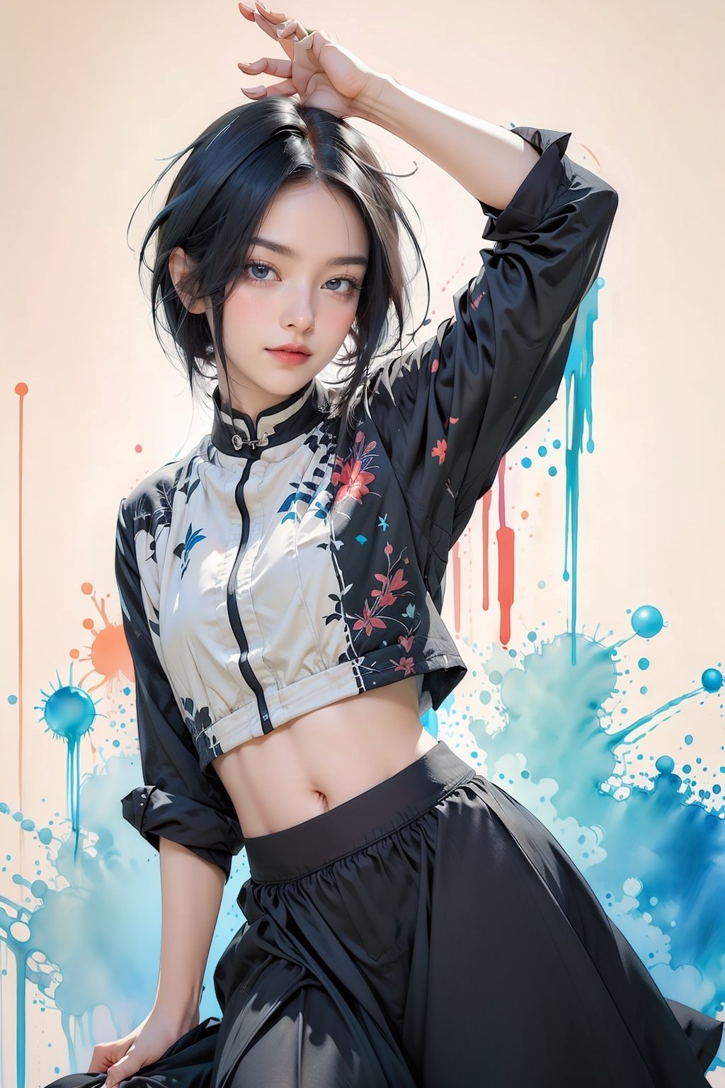 extreme detailed, (masterpiece), (top quality), (best quality), (official art), (beautiful and aesthetic:1.2), (stylish pose), (1 woman), (colorful), (multi-colored theme: 1.5), ppcp, medium length skirt, 	looking into distance, long wave black hair, show navel, random stylish pose, 
perfect,ChineseWatercolorPainting,Chromaspots,fairy,pastelbg,1girl,klee (genshin impact),a_line_haircut