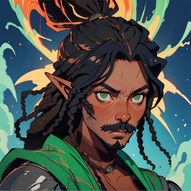 (best quality, masterpiece), portrait of a young dark tan skin elf man, feminine, black dreadlocks hair. thin mustache and a goatee portrait photography medieval clothing. cinematic light, looking to the side off camera, backlight glow, green gold, mist, by mikhail vrubel, by philippe druillet, by peter elson, by gerald brom, muted colors, extreme detail