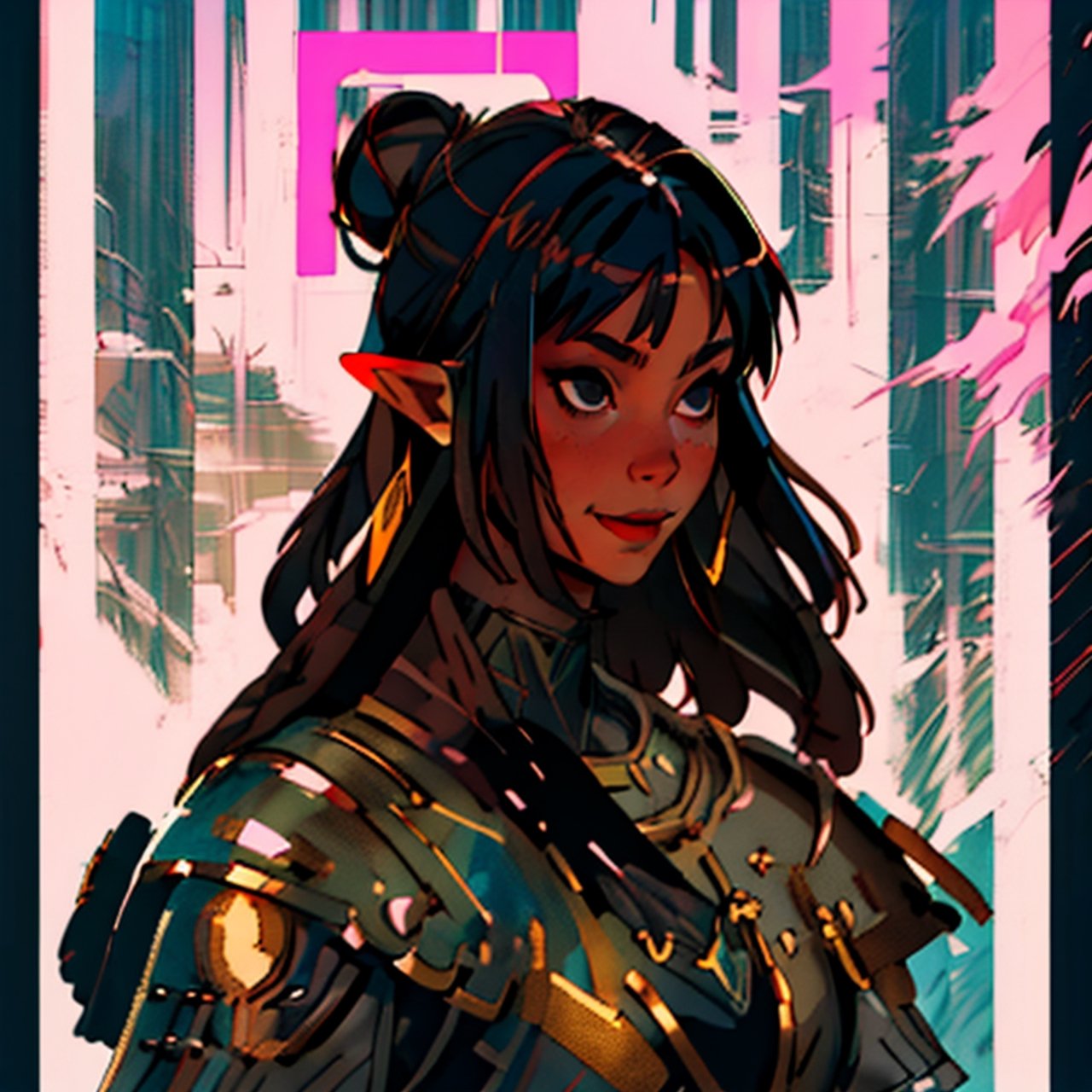 (best quality, masterpiece), portrait of a young elf woman, strong, androgynous, long hair, masculine, straight black hair with a bun. large face. strong girl. giant nose. nose disproportionately larger. black eyes. a kind smile. photography, medieval armor. cinematic light, looking to the side off camera, backlight glow, pink, gold_(metal), mist, by mikhail vrubel, by philippe druillet, by peter elson, by gerald brom, by Richard Alan Schmid, muted colors, extreme detail. in the background there is a castle,inksketch, good person, godess of love, french nose, cascina caradonna,RedHoodWaifu