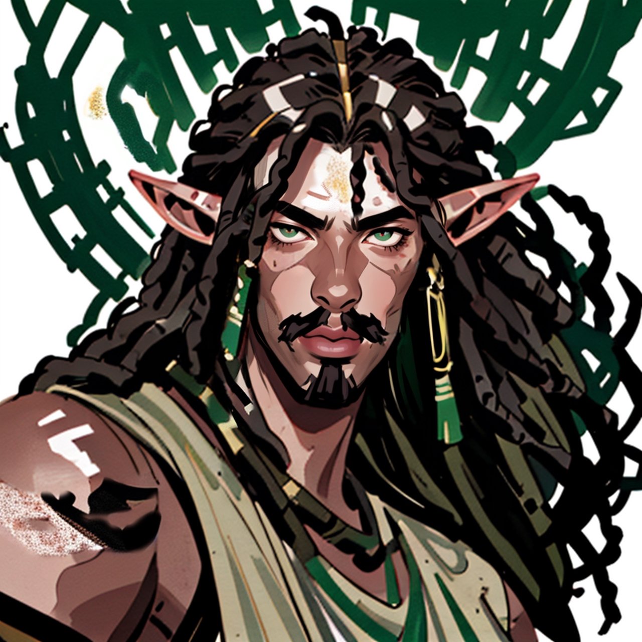 (best quality, masterpiece), portrait of a young olive skin elf man, androgynous, black dreadlocks hair. thin mustache and a goatee portrait photography medieval clothing. cinematic light, looking to the side off camera, backlight glow, green gold, mist, by mikhail vrubel, by philippe druillet, by peter elson, by gerald brom, muted colors, extreme detail. in the background there is a castle,inksketch, good person, french nose, sexy ,RedHoodWaifu,Endsinger,EnvyBeautyMix23, city in the background, antonio banderas
