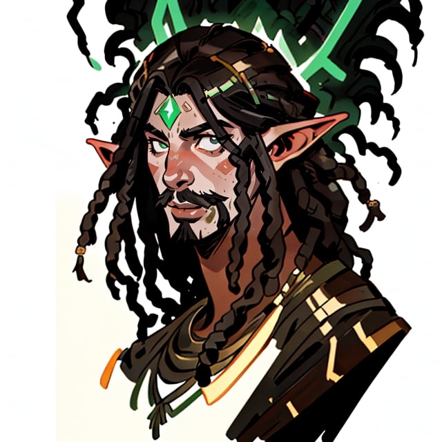 (best quality, masterpiece), portrait of a young dark tan skin elf man, androgynous, black dreadlocks hair. thin mustache and a goatee portrait photography medieval clothing. cinematic light, looking to the side off camera, backlight glow, green gold, mist, by mikhail vrubel, by philippe druillet, by peter elson, by gerald brom, muted colors, extreme detail. in the background there is a castle,inksketch, good person, godess of love, french nose, cascina caradonna,RedHoodWaifu,Endsinger,EnvyBeautyMix23