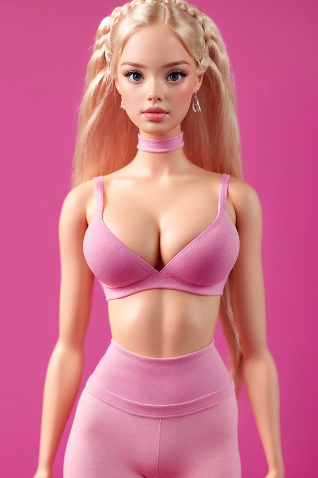 create a hyper realistic barbie girl look  ,picture-perfect face,multicolored hair,pink/platinumblonde hair,braids,goddess,perfect_breasts,sexy,charming,alluring,seductive,erotic,makeup,Extremely Realistic,Detailedface,slim hips,standing_up,photo of perfecteyes eyes,sexy legs, yoga pants (((tight and sexy))),ferm breast (((big breast))), beautiful curved body, fit body,sport tshirt,perfecteyes eyes,barbie,barbie world background