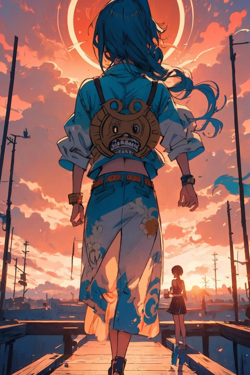 Nami stands on the deck of the Thousand Sunny, carefully examining a Log Pose as the soft, warm light of the setting sun bathes the scene in vibrant hues. The illustration captures the essence of Eiichiro Oda's iconic manga style, with intricate details and vivid colors.,NamiOP