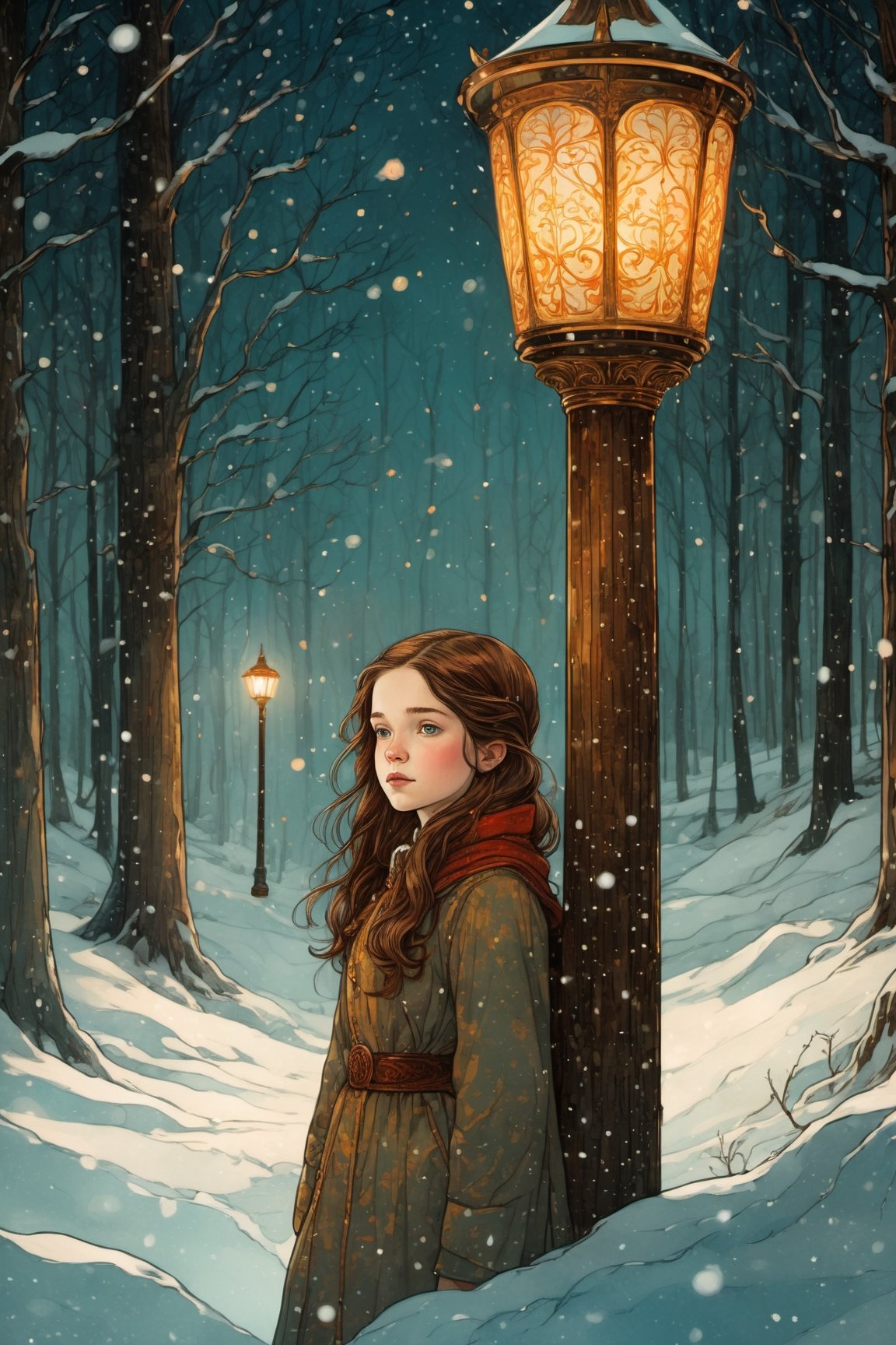 Lucy Pevensie from Narnia is facing a cold snow storm, she looks to a single pole with a lamp lonely in the snow, tall pole, snow cold forest, by Victo Ngai, Sam Guay, Abigail Larson, intricate composition, delicate colors, artsation contest winner, masterpiece