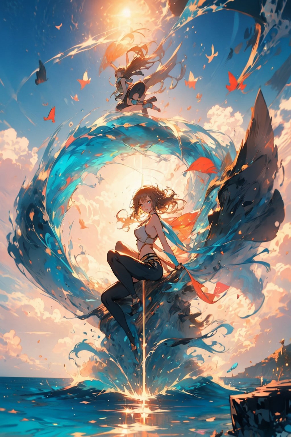 Imagine a breathtaking scene where Nami, the navigator from One Piece, holds a Log Pose high above her head. The Log Pose points towards an uncharted island shrouded in mist. The sun sets in the background, casting a warm, golden glow on the crystal-clear waters, creating a mesmerizing blend of vibrant colors. The image combines the excitement of a new adventure with the tranquility of the ocean at dusk, blending realism with the style of classic maritime paintings.